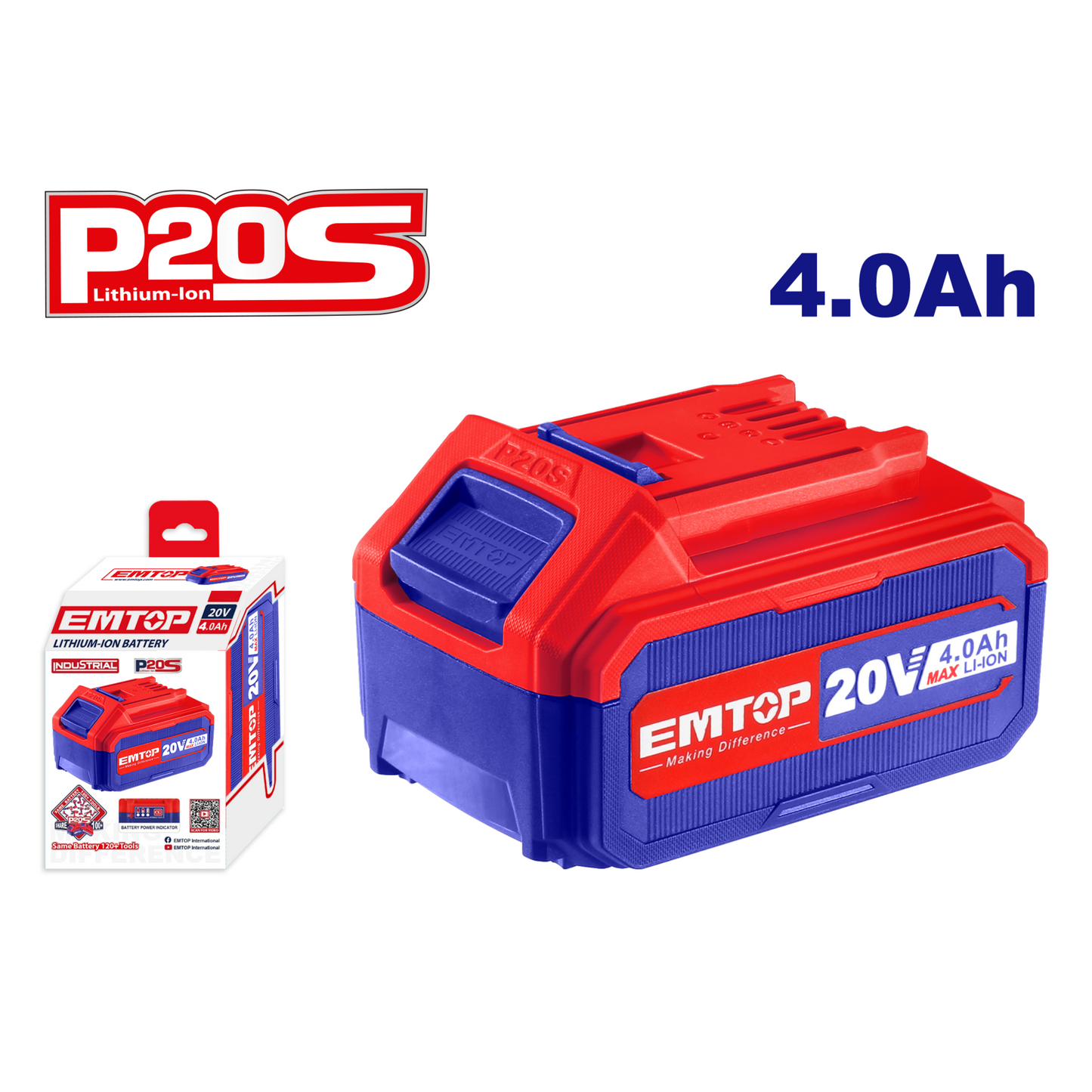 Batterie Lithium-Ion EMTOP 20V de Puissance 4.0Ah compatible avec multi outils P20S