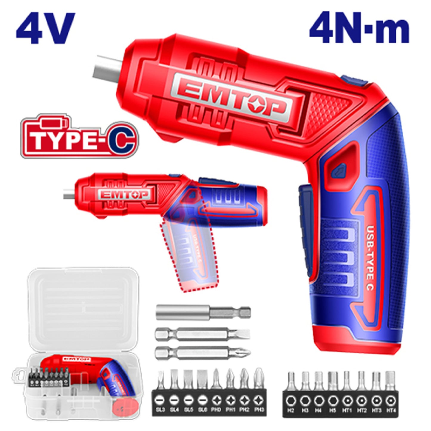 Visseuse et tournevis électrique sans fil EMTOP 4V rechargeable USB type-C 4Nm 19 accessoires + boîte en plastique