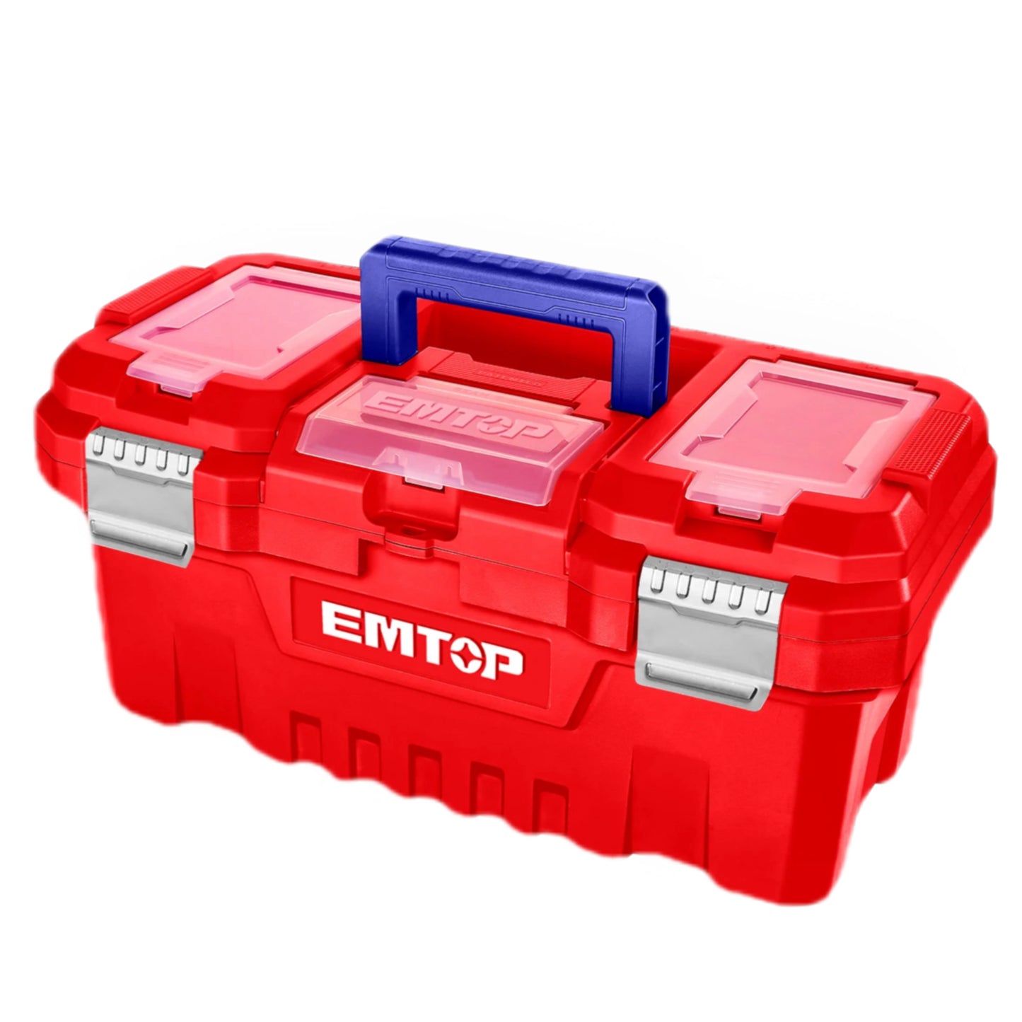 Boîte à outils en plastique EMTOP 20" Charge maximale 20Kg Boucle en métal Poignée haute résistance Couvercle supérieur avec trois zones de rangement Contient 1 plateau en plastique
