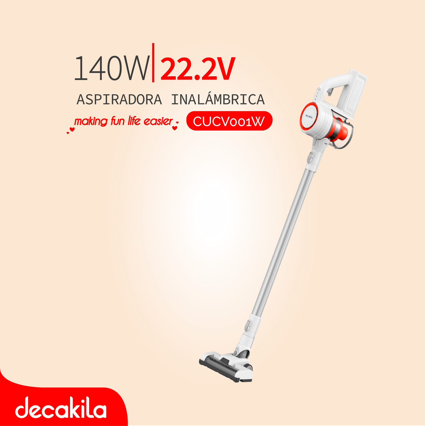 Aspirateur Balai sans Fil DECAKILA 10000pa 140W avec Filtre HEPA, 40 Minutes Autonomie, 0.8 Litre, Aspirateur sans Fil Puissant pour Les Tapis, Sols Durs et Poils d'animaux, Blanc
