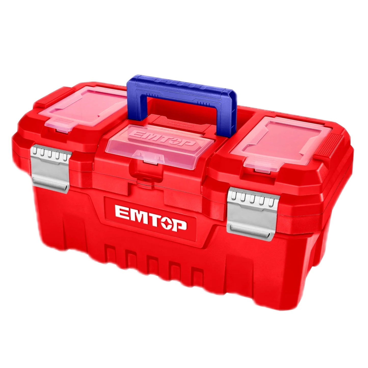 Boîte à outils en plastique EMTOP 17" Charge maximale 15Kg Boucle en métal Poignée haute résistance Couvercle supérieur avec trois zones de rangement Contient 1 plateau en plastique
