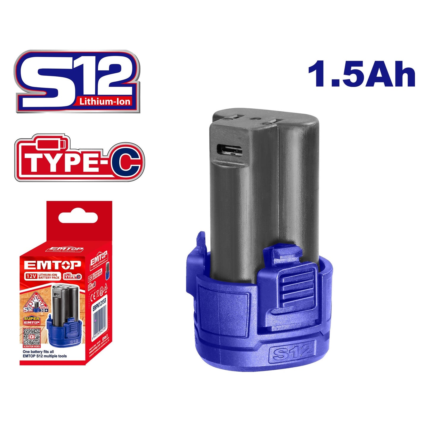Batterie Lithium-Ion 12V EMTOP 1.5Ah Compatible avec tous les outils EMTOP S12