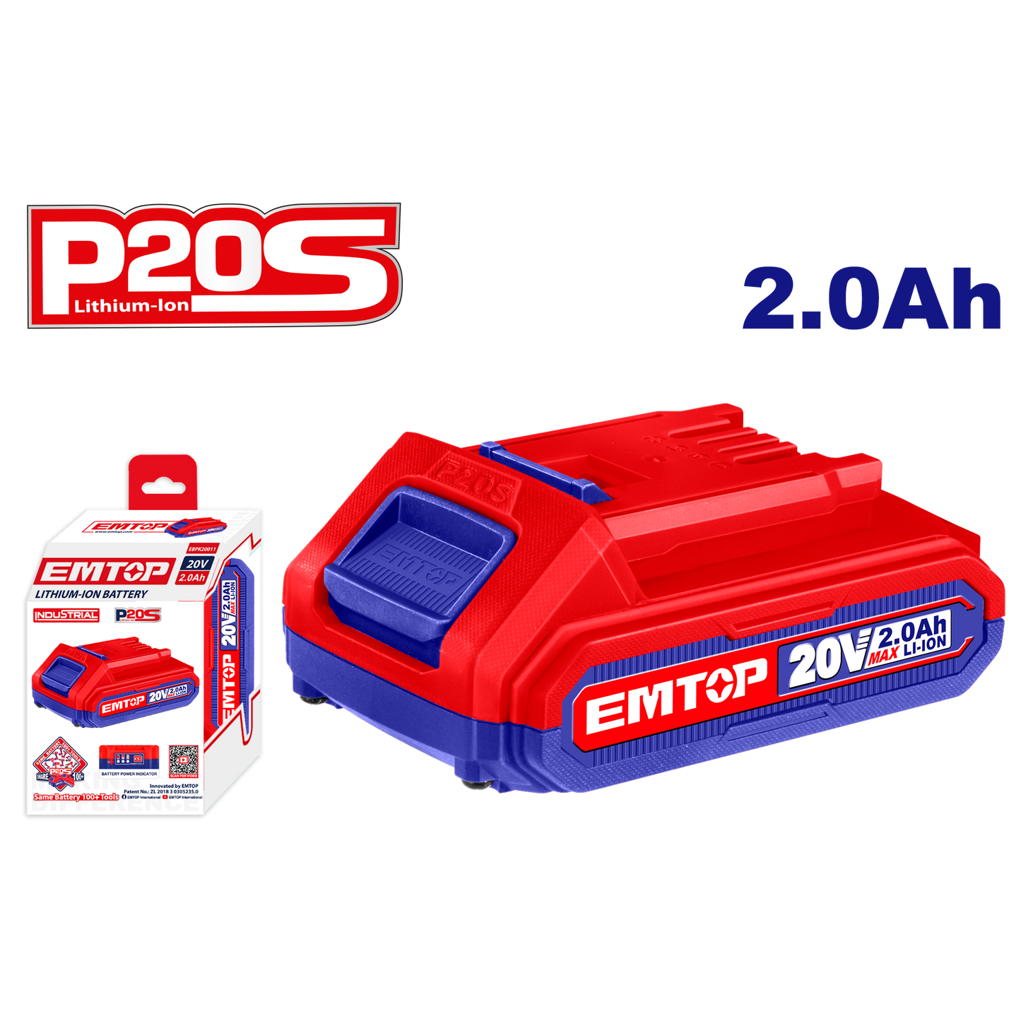 Batterie Lithium-Ion EMTOP 20V de Puissance 2.0Ah compatible avec multi outils P20S