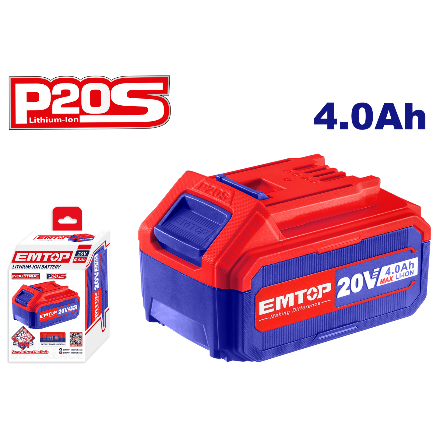 Batterie Lithium-Ion EMTOP 20V de Puissance 4.0Ah compatible avec multi outils P20S