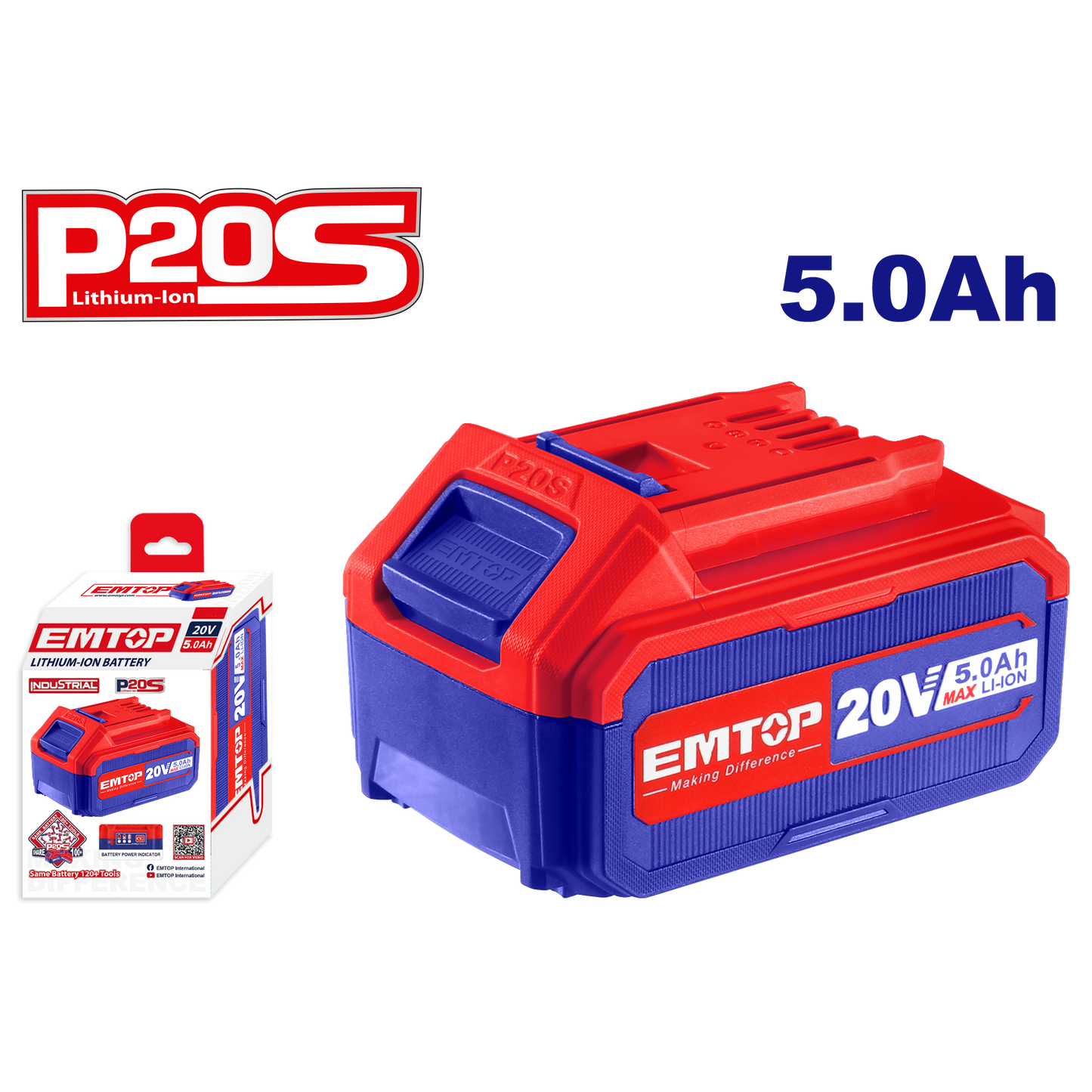 Batterie Lithium-Ion EMTOP 20V de Puissance 5.0Ah compatible avec multi outils P20S