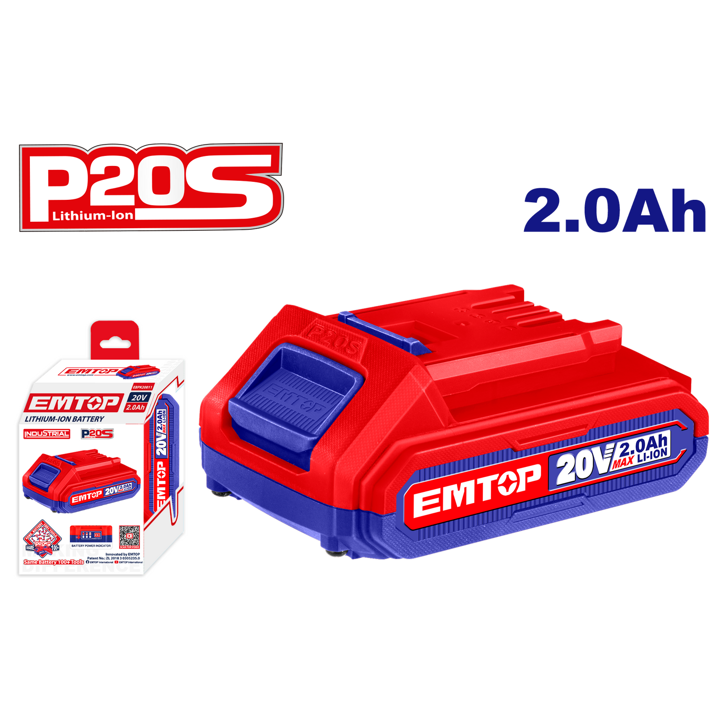 Batterie Lithium-Ion EMTOP 20V de Puissance 2.0Ah compatible avec multi outils P20S