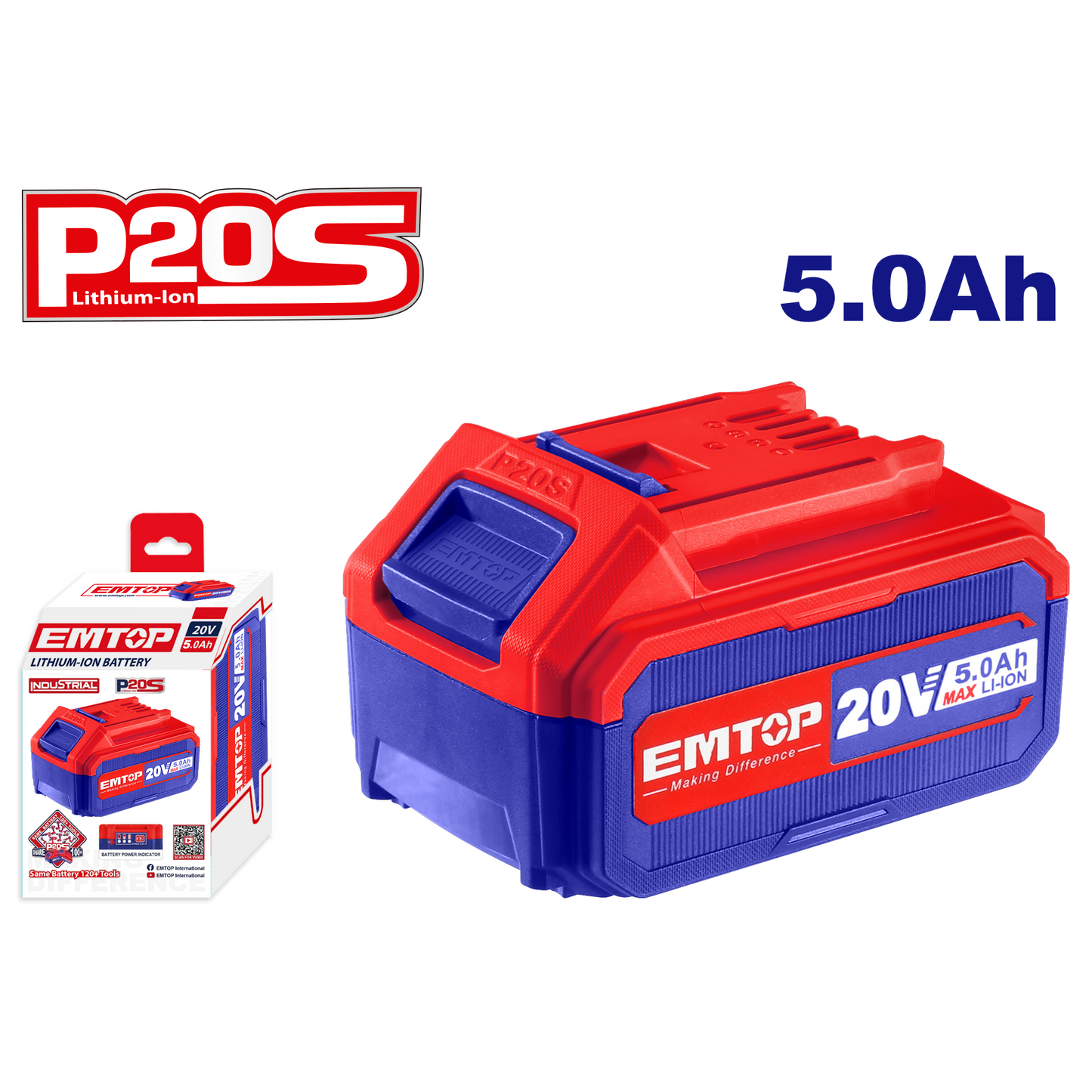 Batterie Lithium-Ion EMTOP 20V de Puissance 5.0Ah compatible avec multi outils P20S