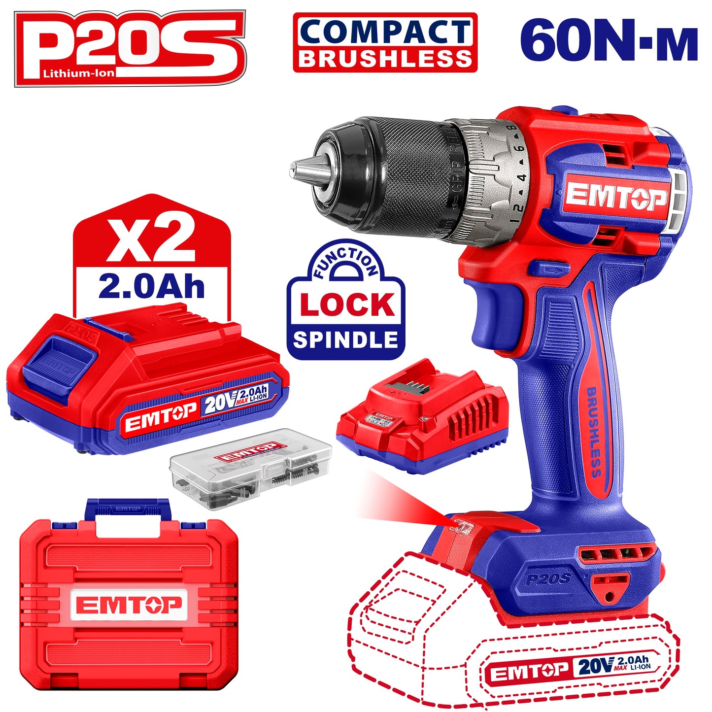 Perceuse visseuse sans fil EMTOP 20V Lithium-ion compacte sans balais avec 2 batterie 2,0 Ah+1 chargeur+47 accessoires Couple maximal : 60Nm