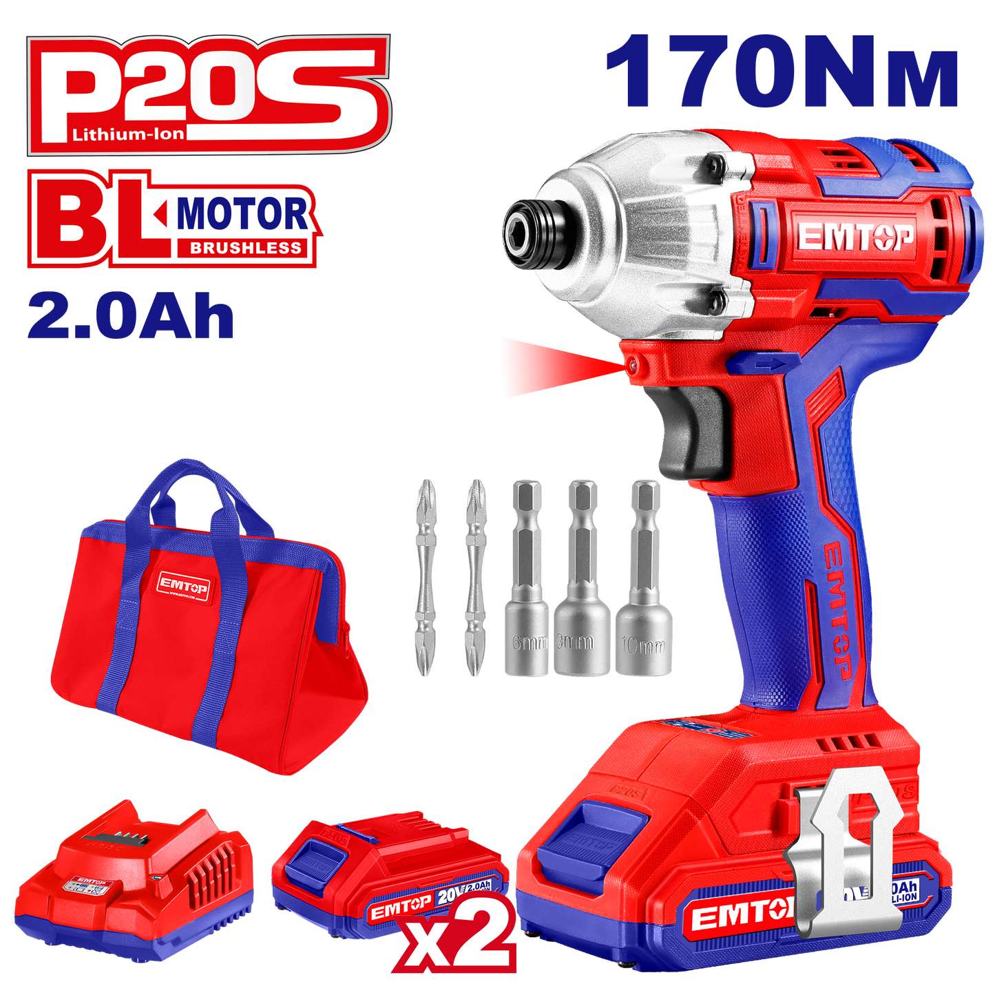 Visseuse à chocs sans fil EMTOP 20V moteur brushless avec 1 chargeur + 2 Batteries Lithium-ion 2.0Ah 170Nm avec 2 embouts de tournevis 3 pièces de réglage d'écrous et sac de transport