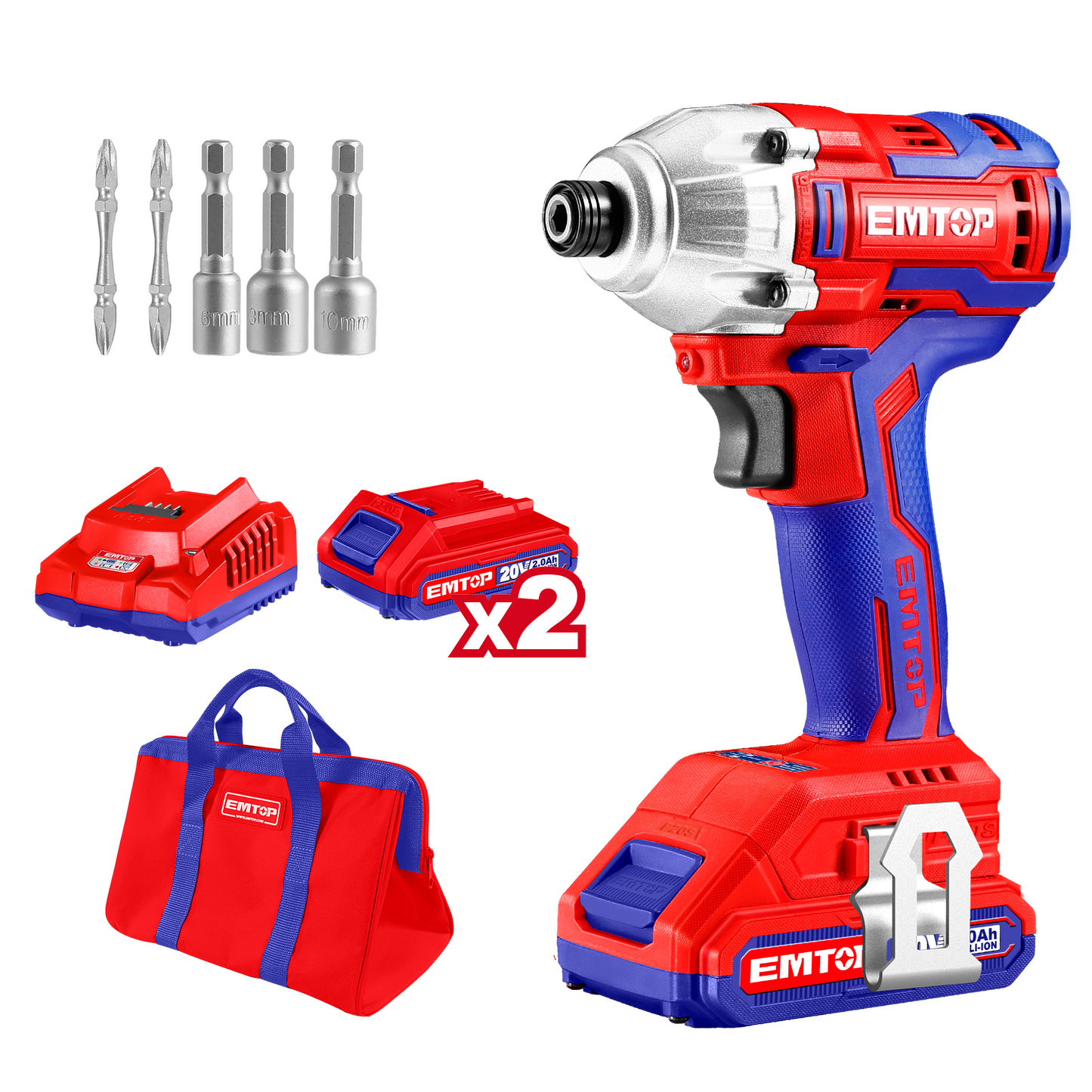 Visseuse à chocs sans fil EMTOP 20V moteur brushless avec 1 chargeur + 2 Batteries Lithium-ion 2.0Ah 170Nm avec 2 embouts de tournevis 3 pièces de réglage d'écrous et sac de transport