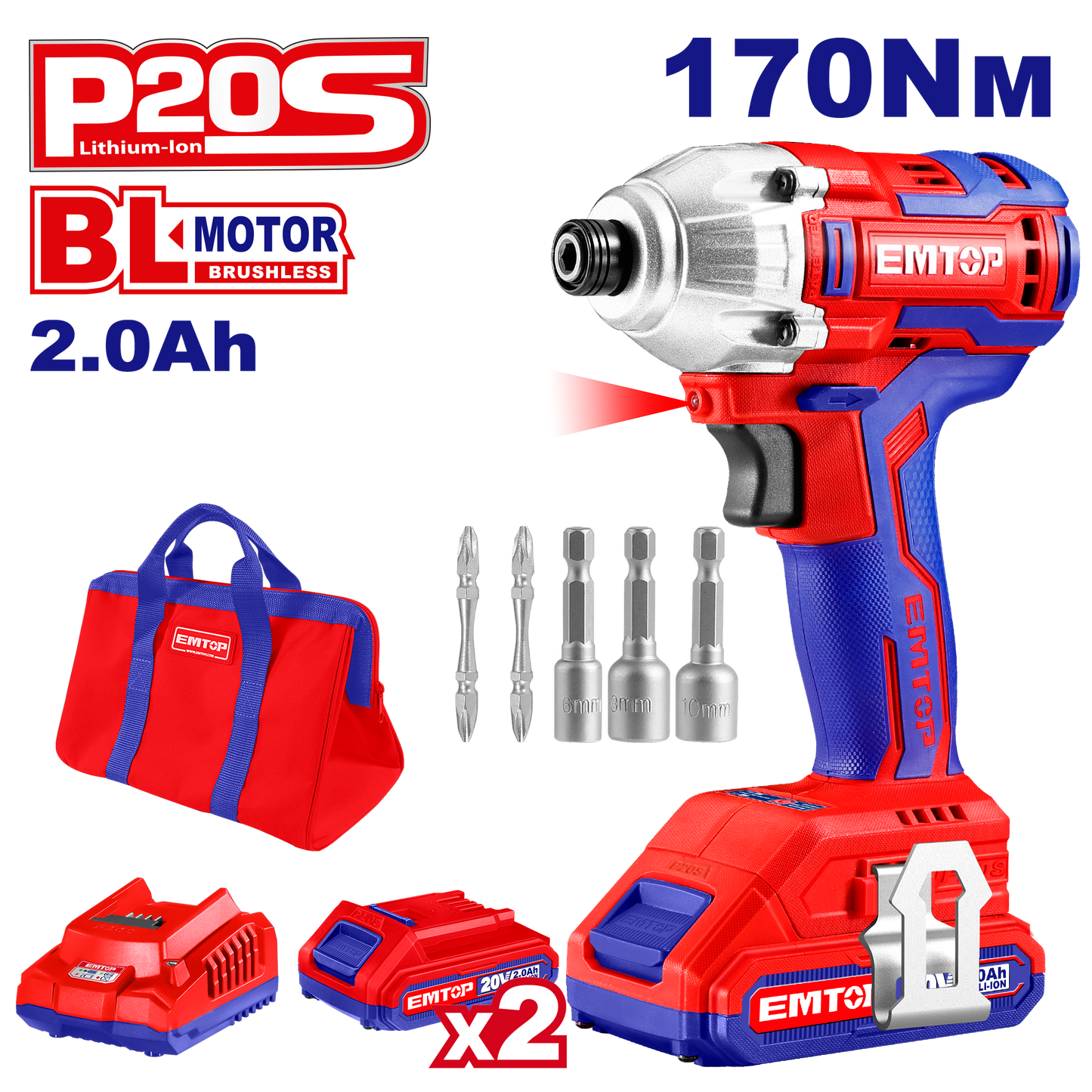 Visseuse à chocs sans fil EMTOP 20V moteur brushless avec 1 chargeur + 2 Batteries Lithium-ion 2.0Ah 170Nm avec 2 embouts de tournevis 3 pièces de réglage d'écrous et sac de transport