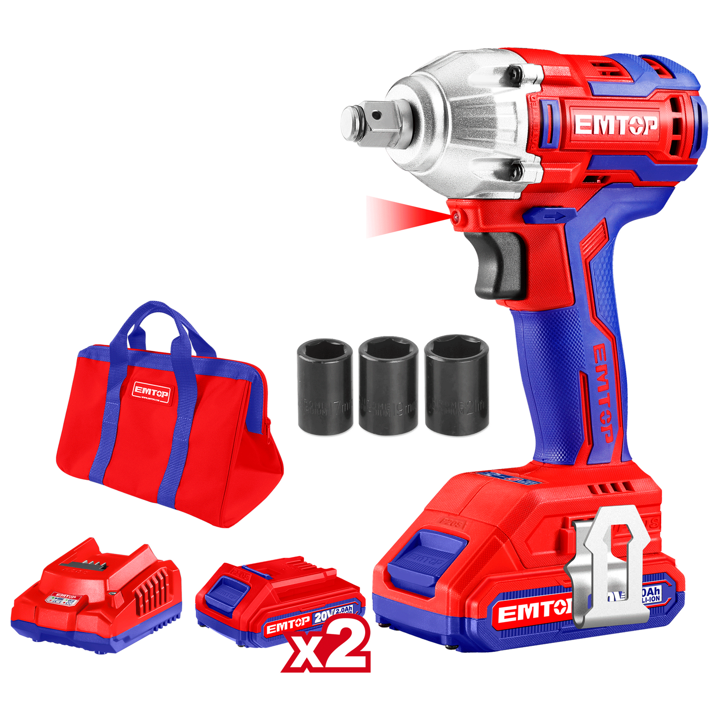Boulonneuse à chocs compacte clé à choc sans fil EMTOP 20V moteur brushless avec 1 chargeur + 2 Batteries Lithium-ion 2.0Ah 300Nm avec 3 douilles et sac de transport