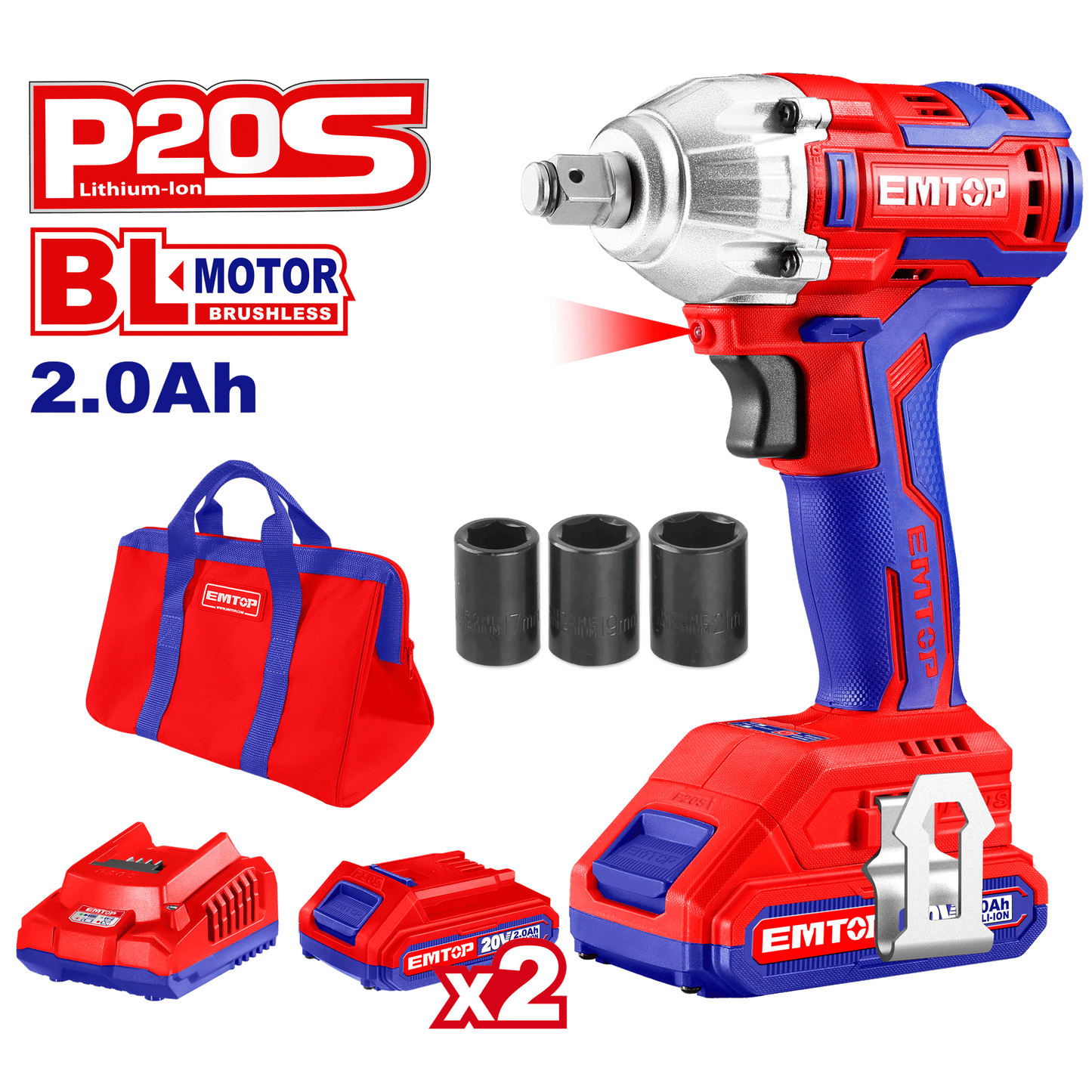 Boulonneuse à chocs compacte clé à choc sans fil EMTOP 20V moteur brushless avec 1 chargeur + 2 Batteries Lithium-ion 2.0Ah 300Nm avec 3 douilles et sac de transport