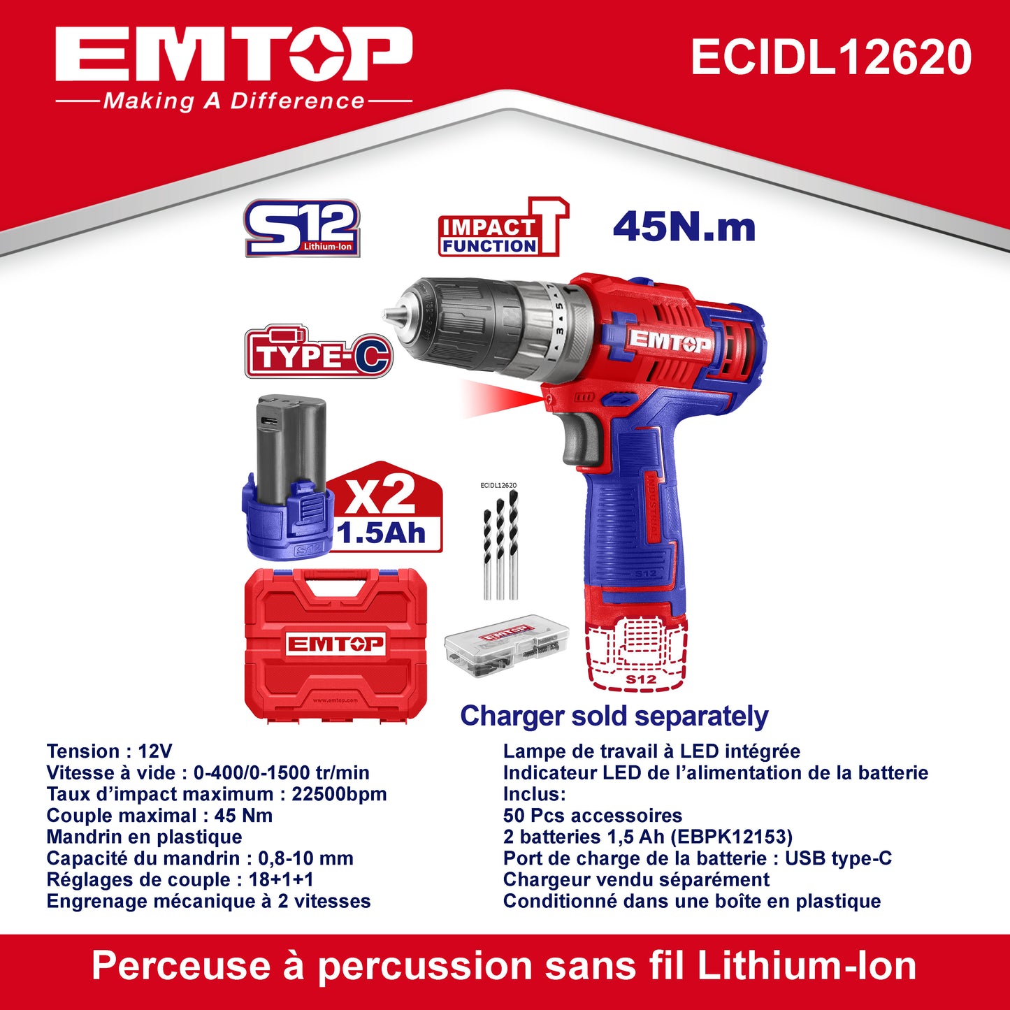 Perceuse visseuse sans Fil EMTOP 12V avec 2 Batteries Lithium-ion 1.5Ah USB type-C 45Nm 18+1+1 Réglages de Couple 2 Vitesses LED Chargeur vendu séparément + Boîte en plastique