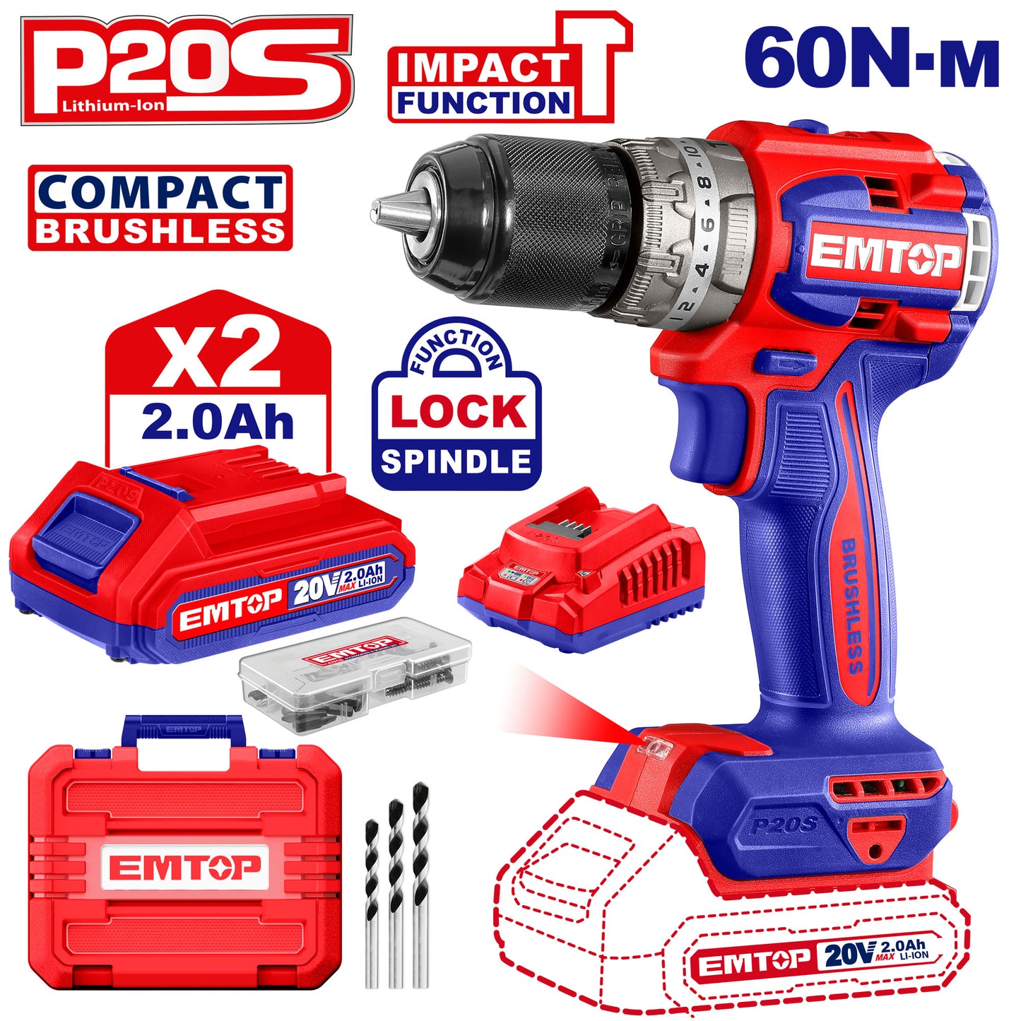 Perceuse visseuse sans fil EMTOP 20V Lithium-ion compacte sans balais avec 2 batterie 2,0 Ah+1 chargeur+47 accessoires + 3 forets à maçonnerie