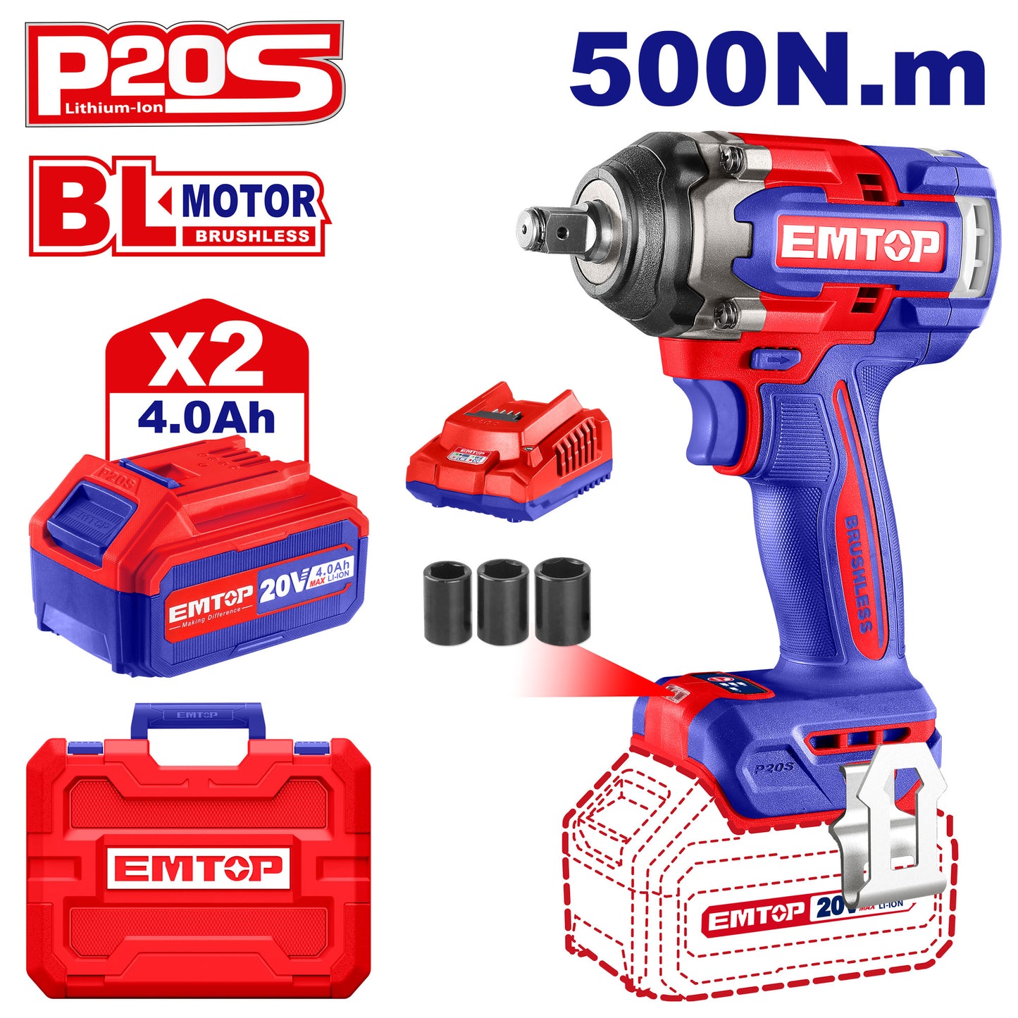 Boulonneuse à chocs compacte Clé à chocs 1/2 sans fil 20V EMTOP 500 Nm avec 2 batteries 4.0Ah + 1 chargeur + 3 douilles 21, 22, 24 mm