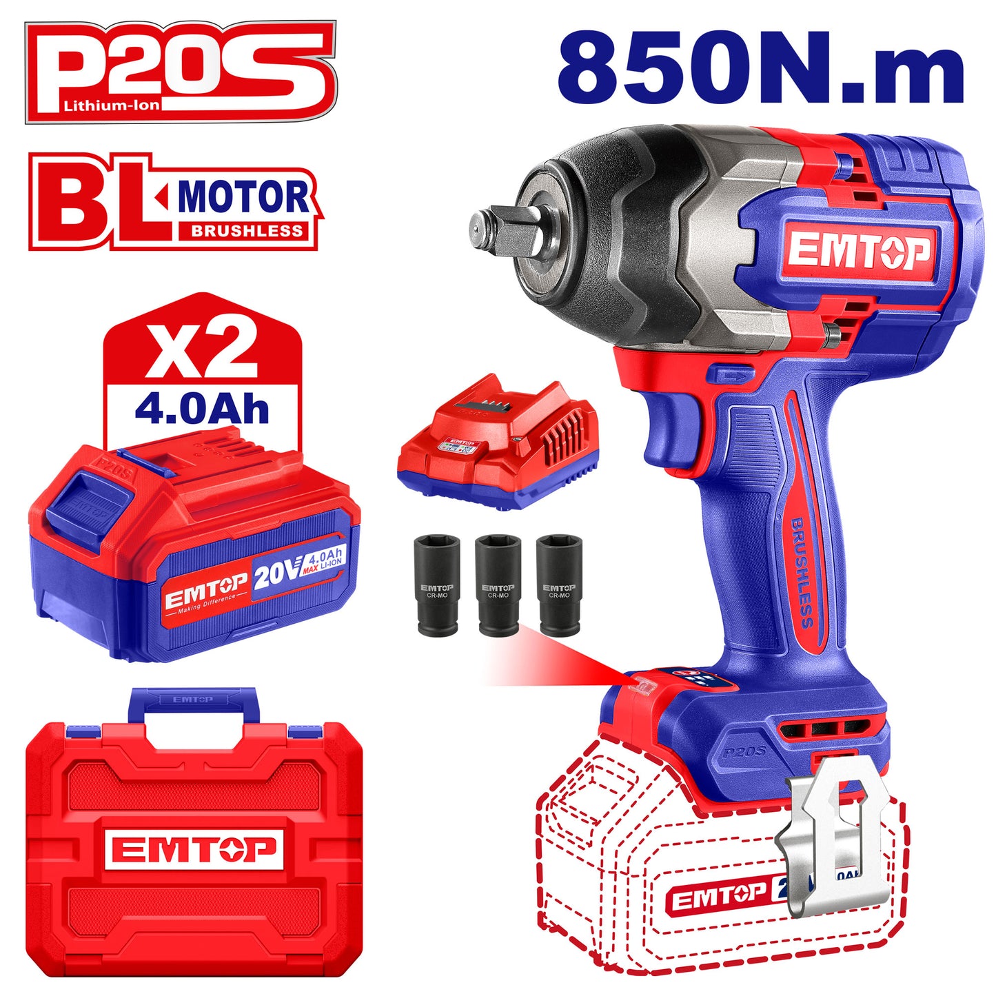 Boulonneuse à chocs compacte Clé à chocs 1/2 sans fil EMTOP 20V batterie Li-Ion 20V 850 Nm avec 2 batteries 4.0Ah + 1 chargeur + 3 douilles profondes 22, 24, 27mm