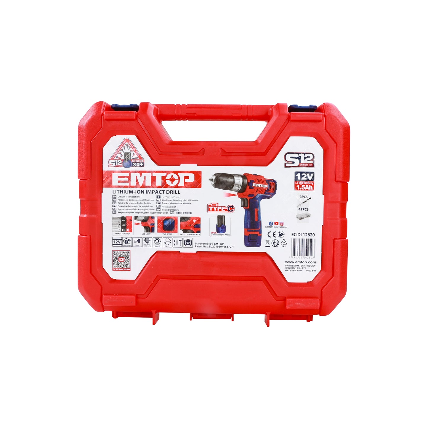 Perceuse visseuse sans Fil EMTOP 12V avec 2 Batteries Lithium-ion 1.5Ah USB type-C 45Nm 18+1+1 Réglages de Couple 2 Vitesses LED Chargeur vendu séparément + Boîte en plastique