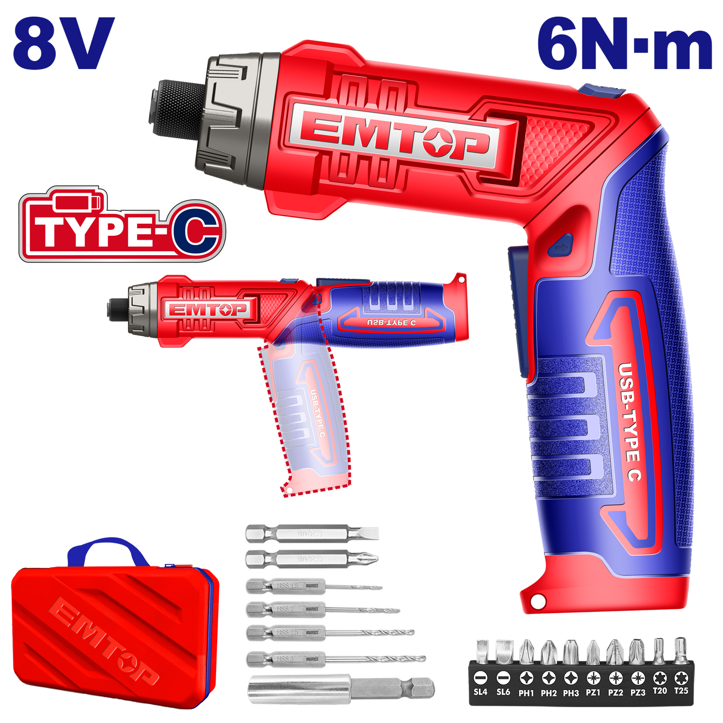 Visseuse et tournevis électrique EMTOP sans fil 8V rechargeable USB type-C vendu sans chargeur 6Nm 17 accessoires + Sac