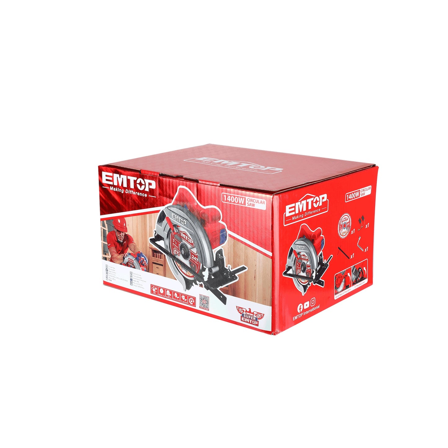 Scie circulaire filaire 1400W EMTOP 1 lame 185mm 1 ensemble de balais de charbon