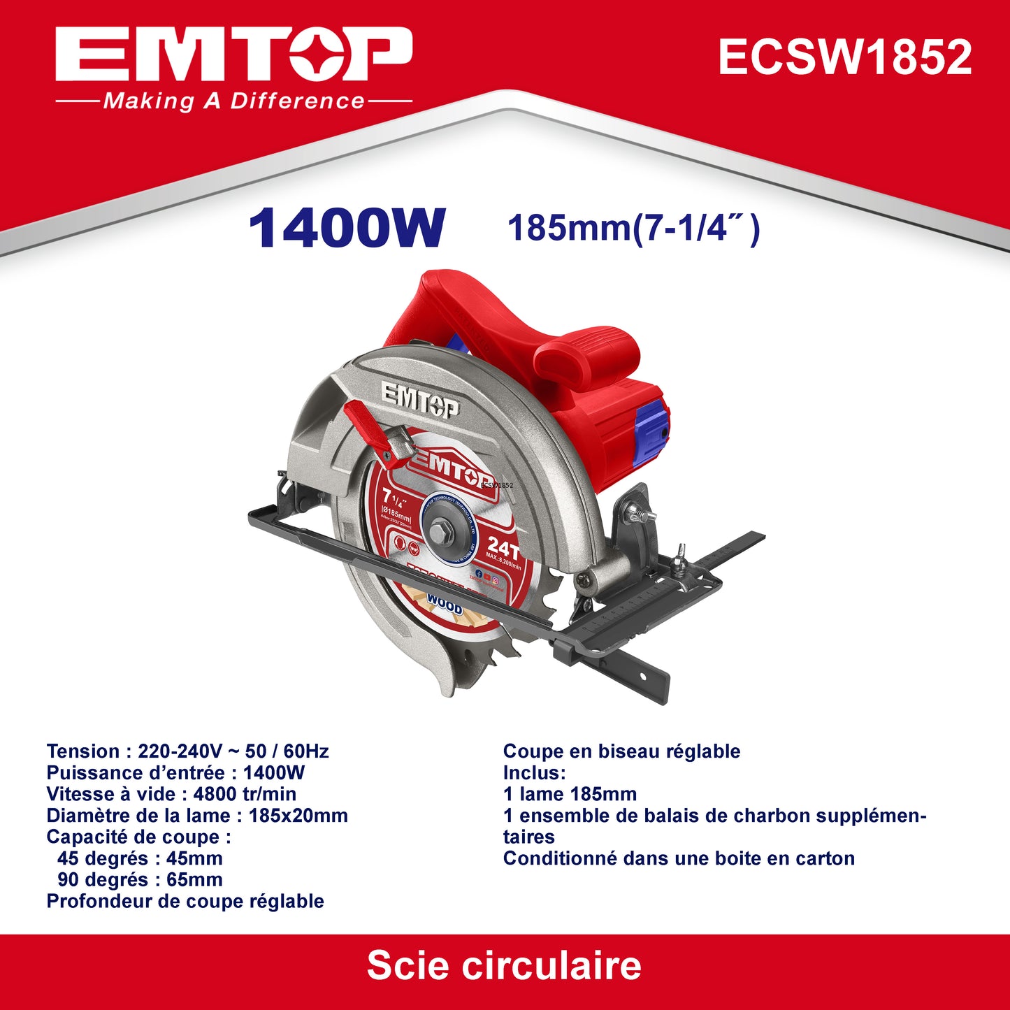 Scie circulaire filaire 1400W EMTOP 1 lame 185mm 1 ensemble de balais de charbon