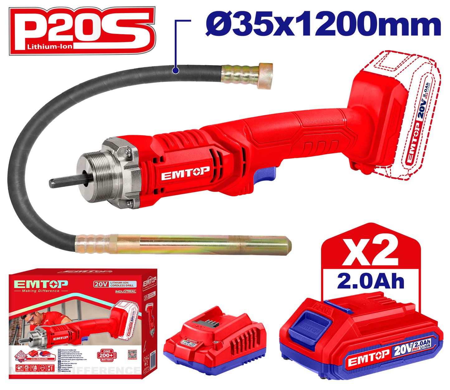 Vibrateur à béton sans fil EMTOP 20V avec 1 chargeur + 2 Batteries Lithium-ion 2.0Ah