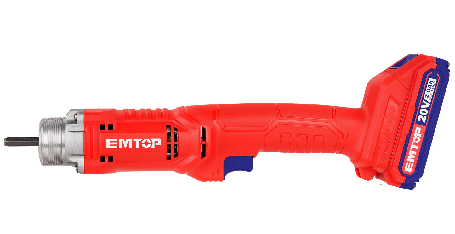 Vibrateur à béton sans fil EMTOP 20V avec 1 chargeur + 2 Batteries Lithium-ion 2.0Ah