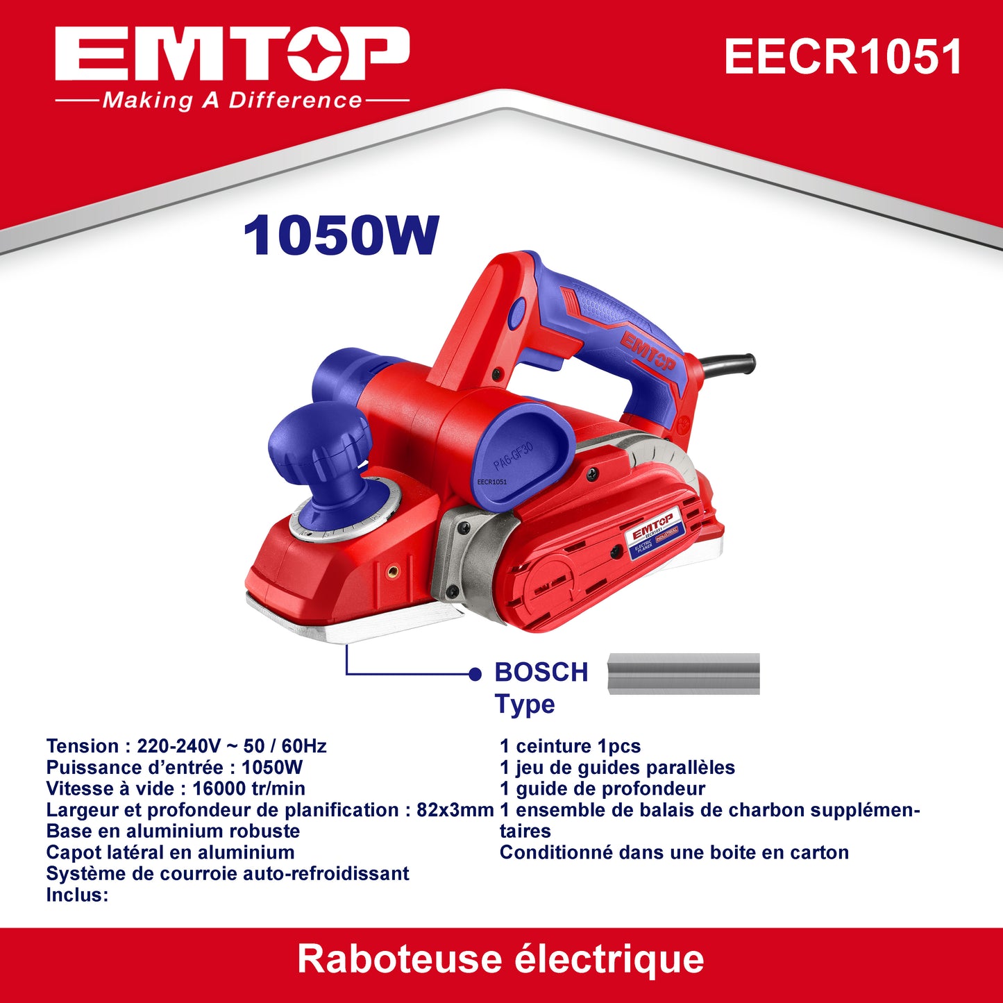Raboteuse électrique filaire 1050W EMTOP Système de courroie auto-refroidissant avec 1 ceinture 1 jeu de guides parallèles1 guide de profondeur 1 ensemble de balais de charbon