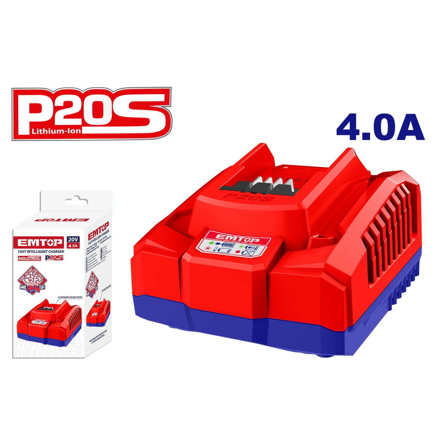 Chargeur de batterie au Lithium-Ion EMTOP 20V de Puissance 4.0Ah compatible avec tous les batteries P20S