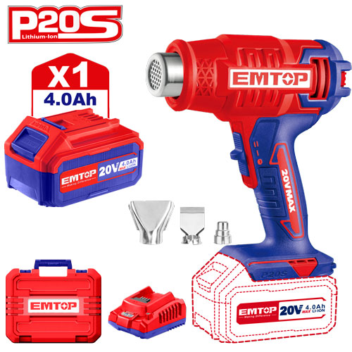 Décapeur thermique professionnel sans fil EMTOP 20V avec 1 batterie 4.0Ah et 1 chargeur 2A Pistolet à Air Chaud 300-550℃ Température Réglable, 2 Débit d'air, 3 buses