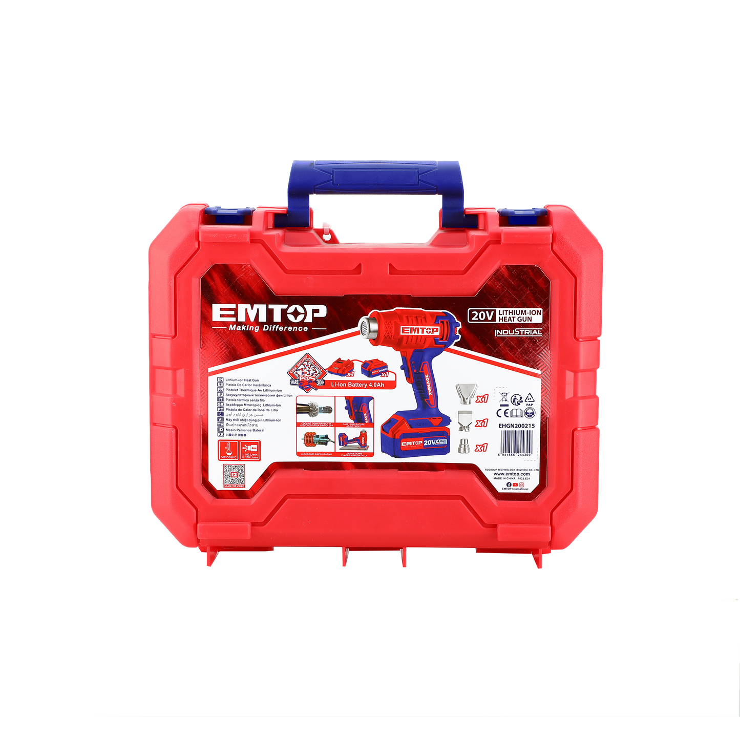 Décapeur thermique professionnel sans fil EMTOP 20V avec 1 batterie 4.0Ah et 1 chargeur 2A Pistolet à Air Chaud 300-550℃ Température Réglable, 2 Débit d'air, 3 buses