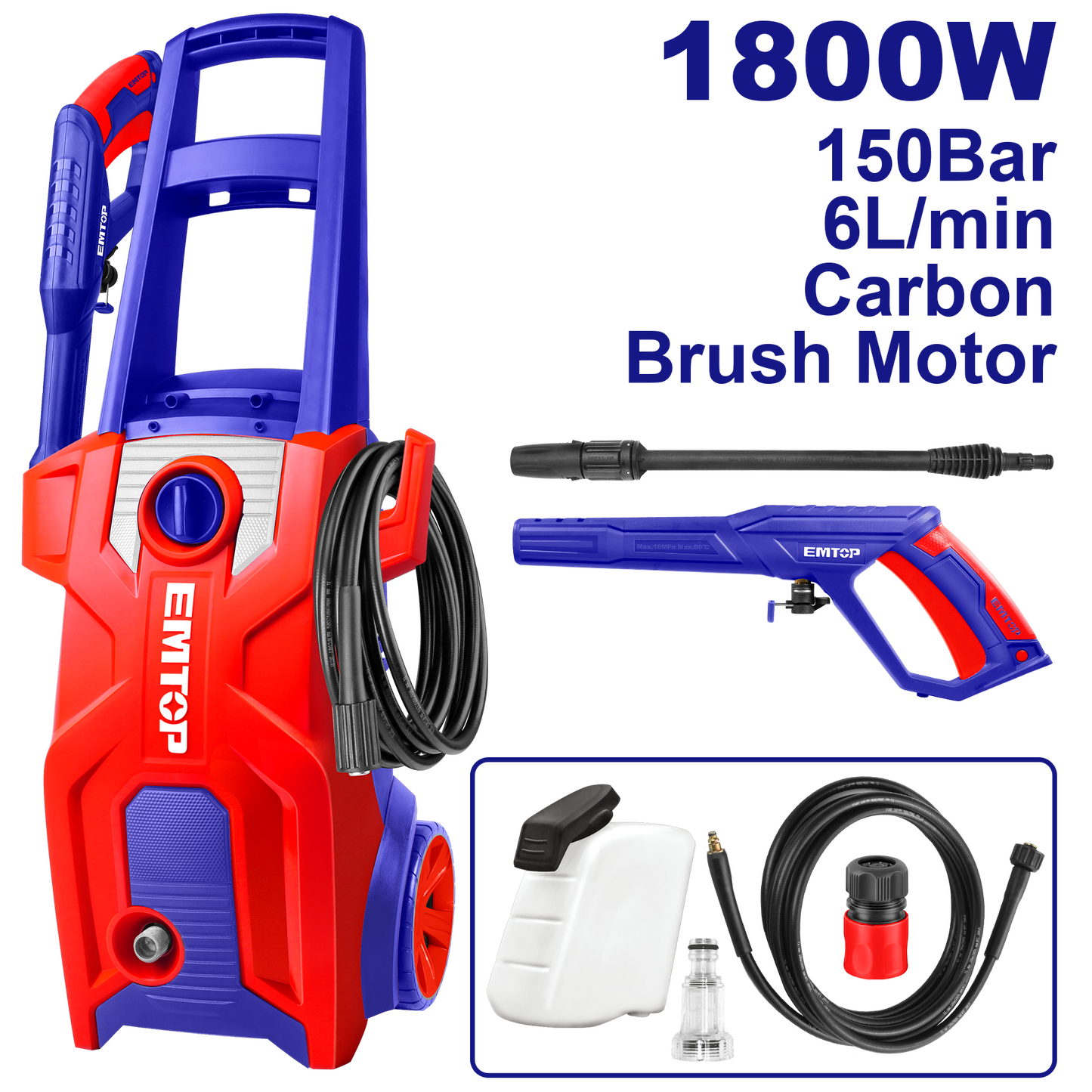 Nettoyeur haute pression filaire 1800W EMTOP moteur brushless 150 bar Système d’arrêt automatique avec 1 bouteille de savon 1 set de pistolet de pulvérisation d'eau + tuyau haute pression de 5 m