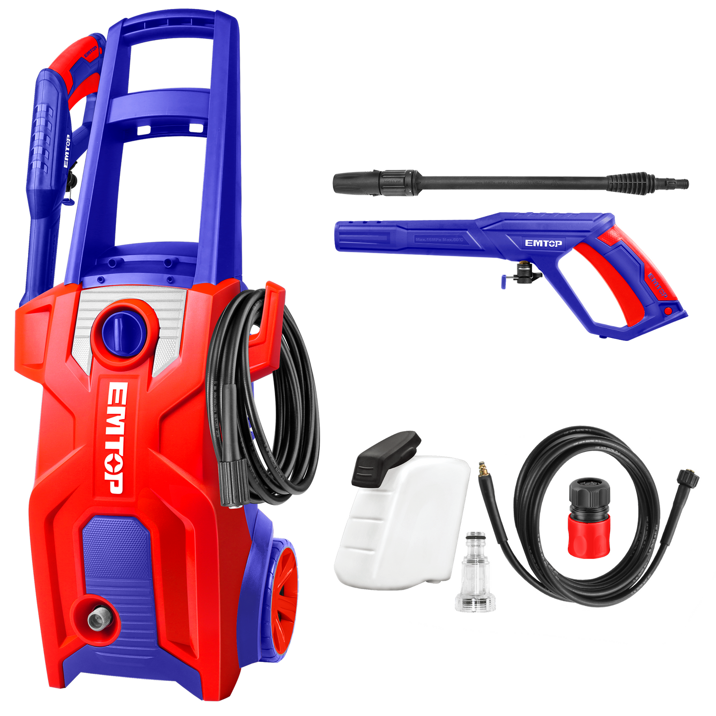 Nettoyeur haute pression filaire 1800W EMTOP moteur brushless 150 bar Système d’arrêt automatique avec 1 bouteille de savon 1 set de pistolet de pulvérisation d'eau + tuyau haute pression de 5 m