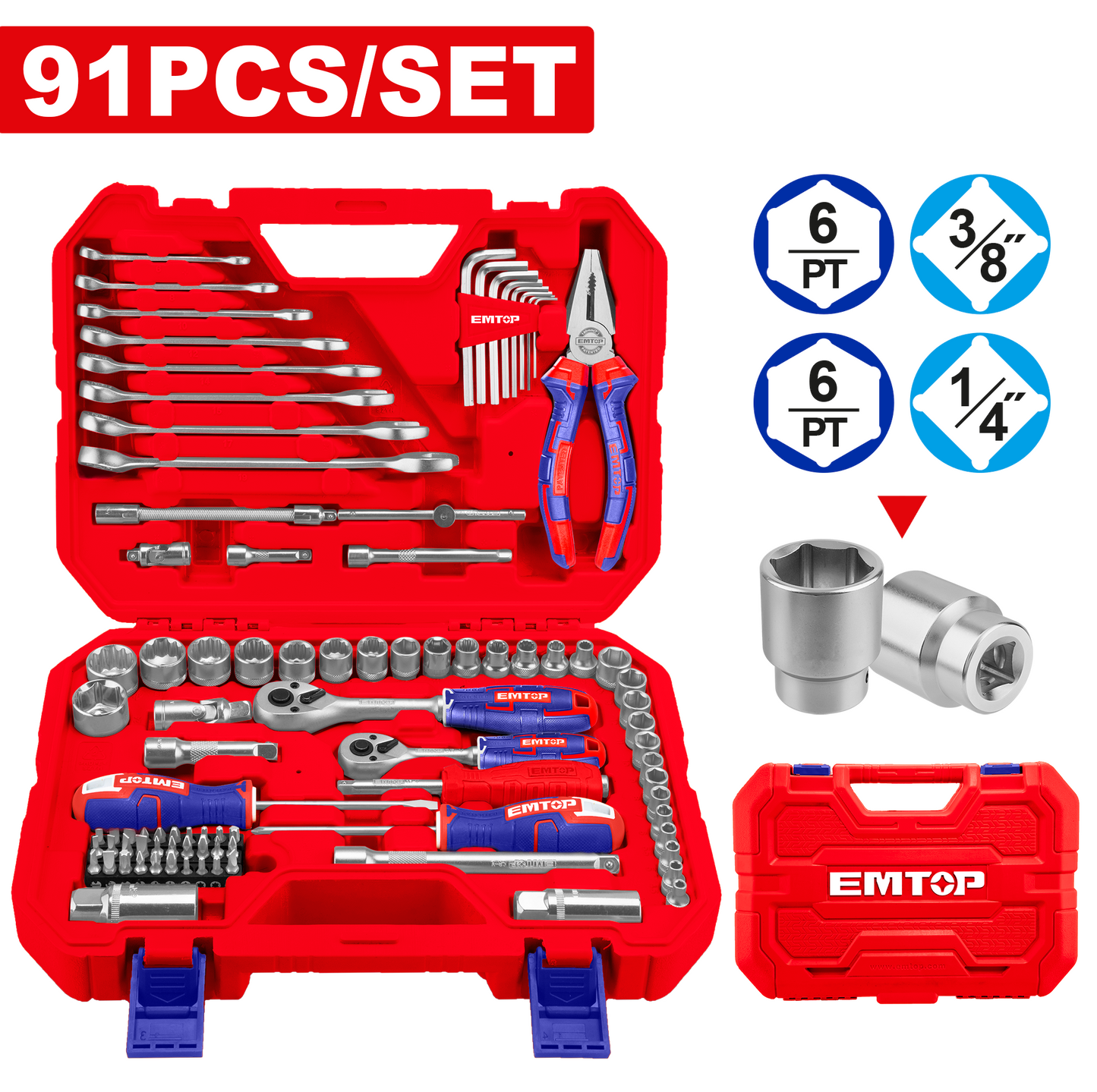 Coffret et boîte à outils de mécanicien 91 pièces EMTOP avec une boite BMC