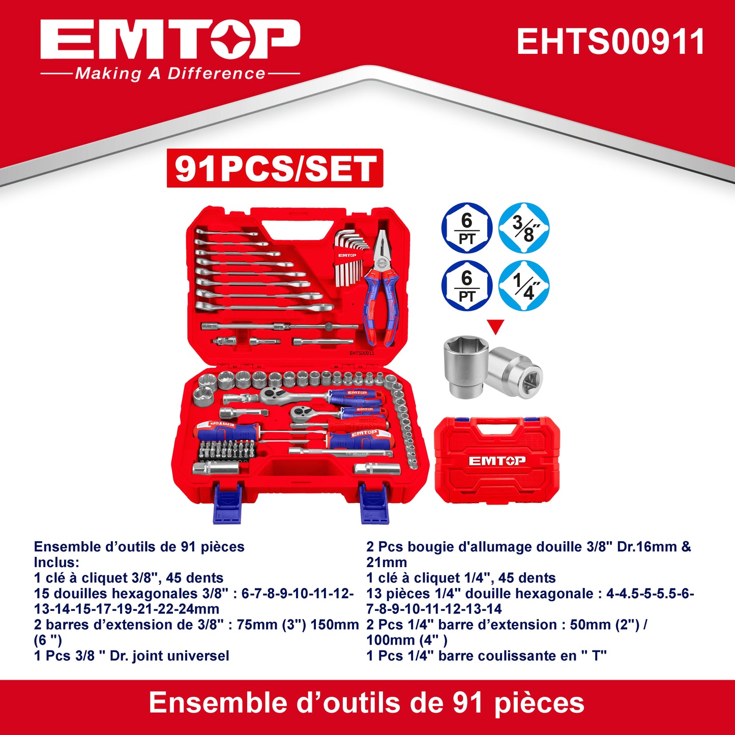Coffret et boîte à outils de mécanicien 91 pièces EMTOP avec une boite BMC