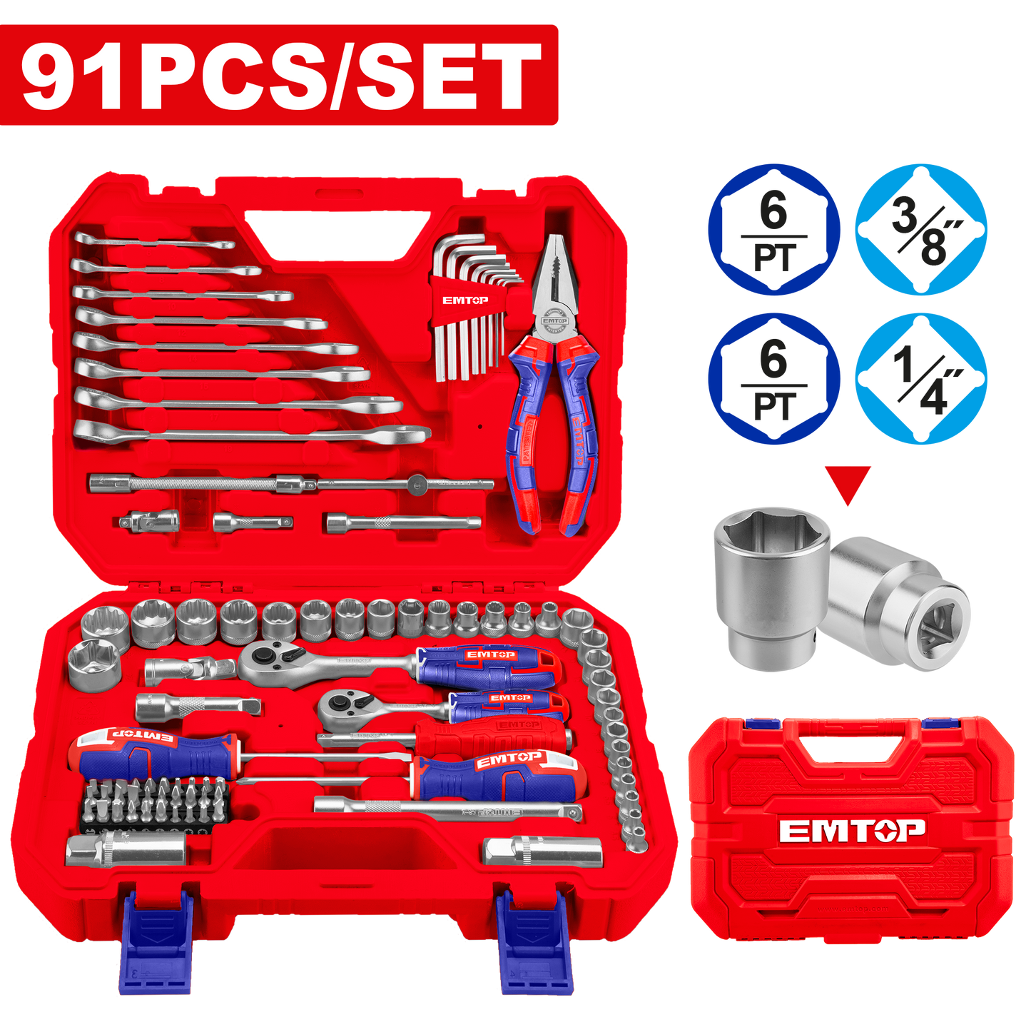 Coffret et boîte à outils de mécanicien 91 pièces EMTOP avec une boite BMC
