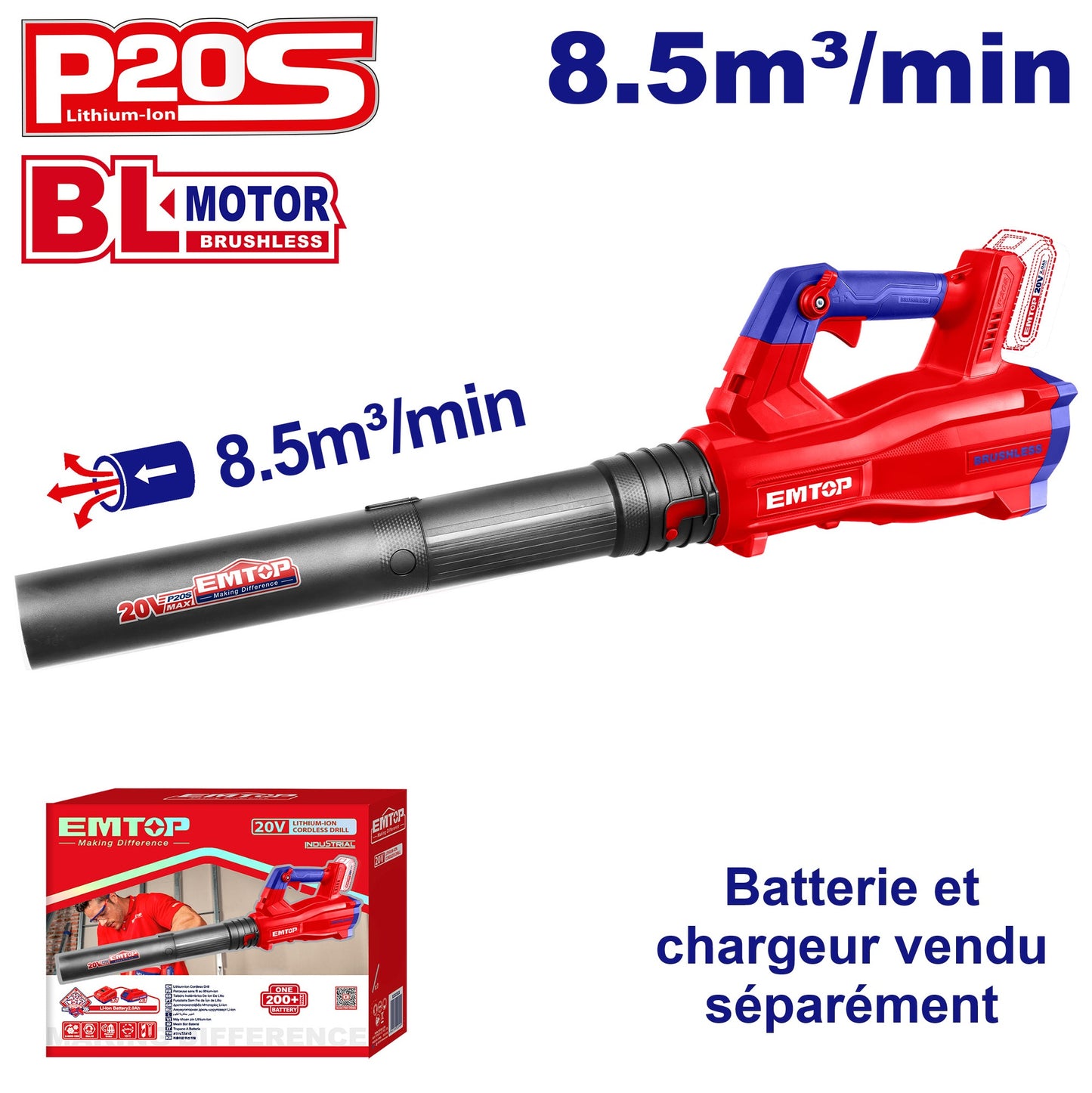 Souffleur à batterie brushless EMTOP 20V Moteur sans balais Batterie et chargeur vendus séparément