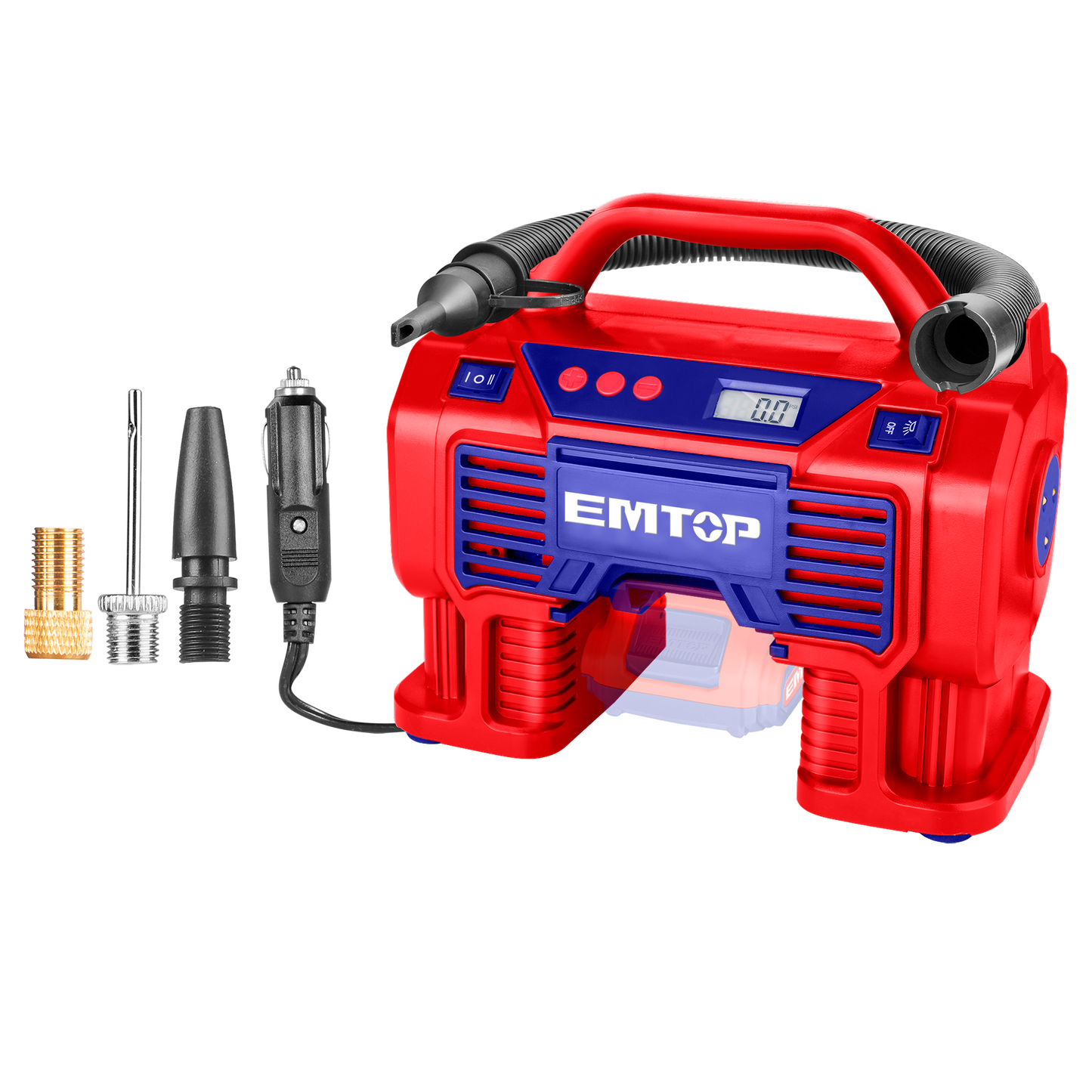 Compresseur et pompe à air sans fil EMTOP 20V batterie et chargeur vendus séparément Chargeur Voiture 12V ou par batterie Pression 11 BAR