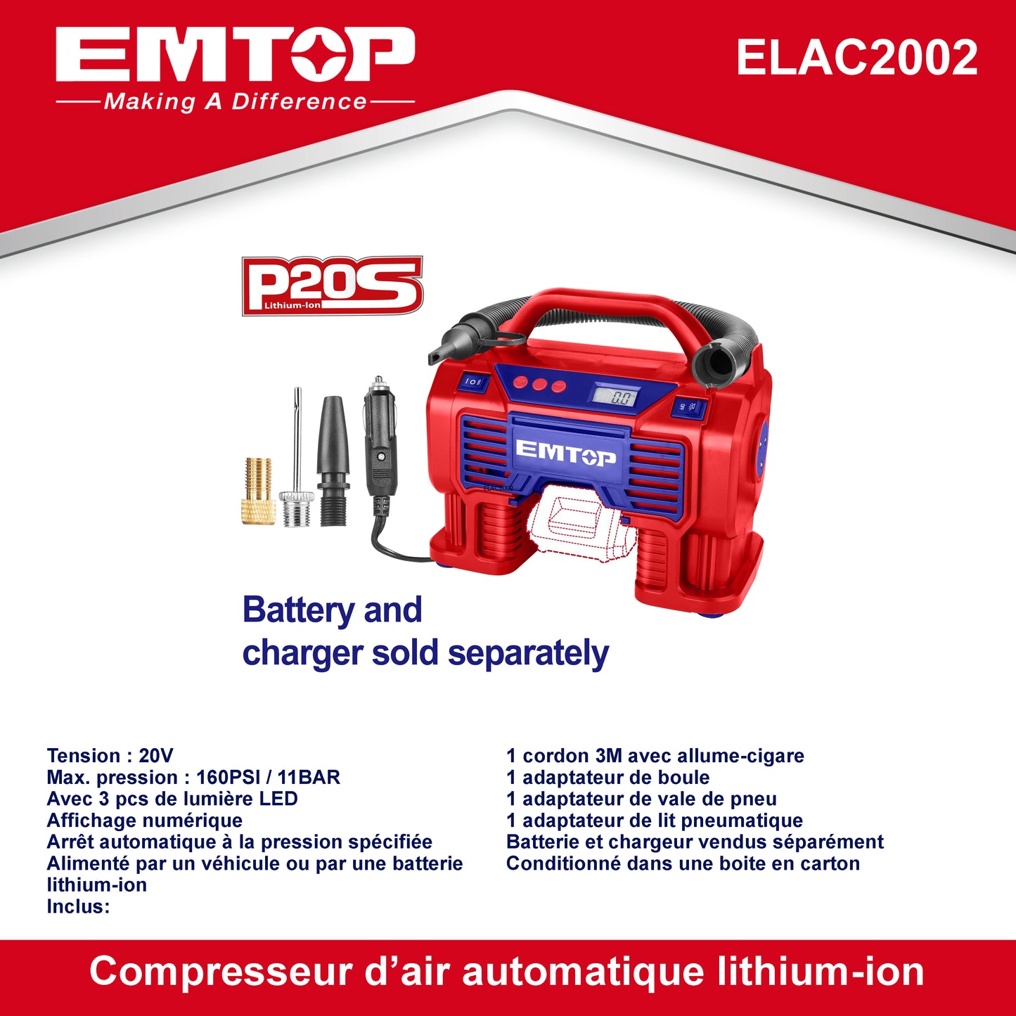 Compresseur à batterie pompe à air sans fil EMTOP 20V batterie et chargeur vendus séparément Chargeur Voiture 12V ou par batterie Pression 11 BAR