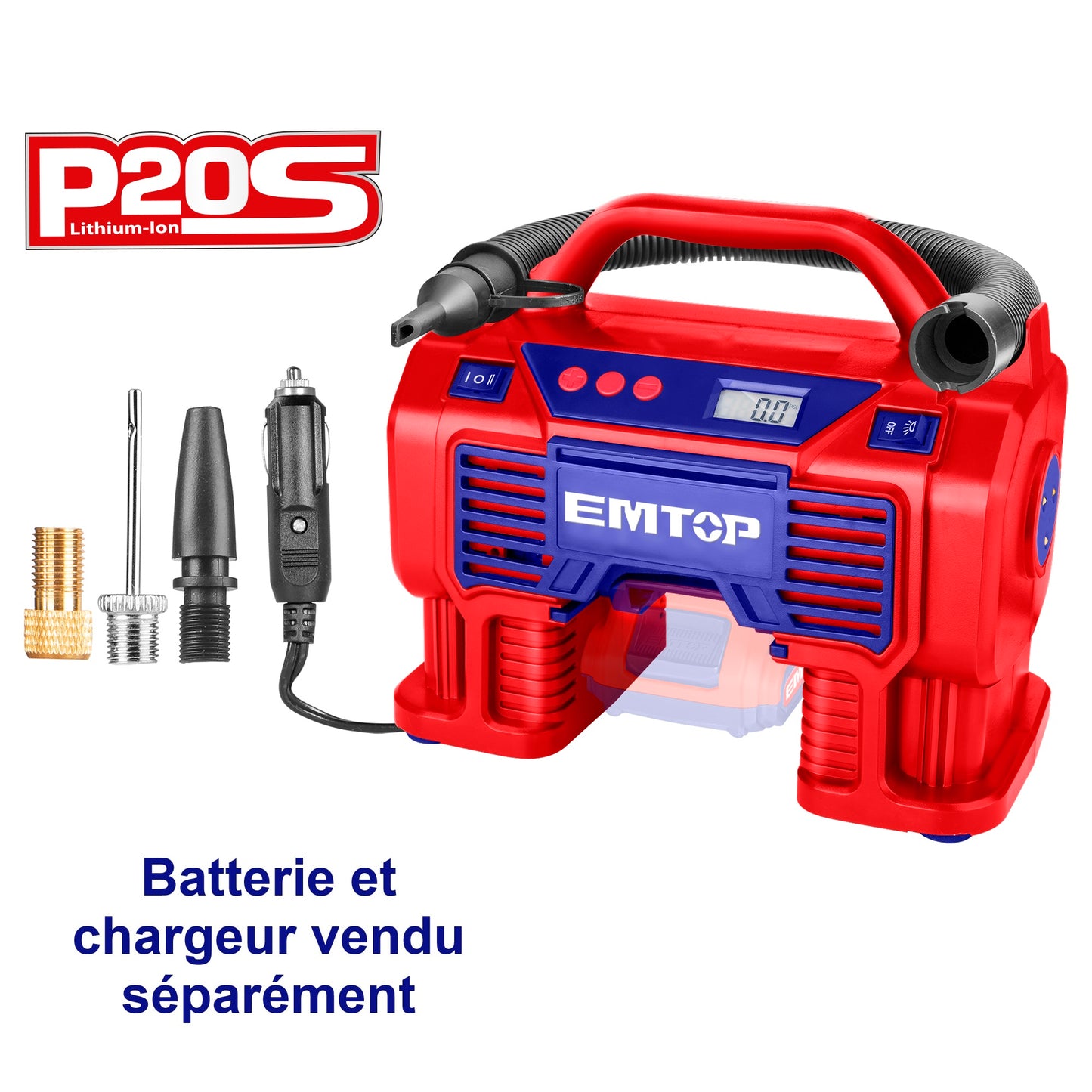 Compresseur à batterie pompe à air sans fil EMTOP 20V batterie et chargeur vendus séparément Chargeur Voiture 12V ou par batterie Pression 11 BAR