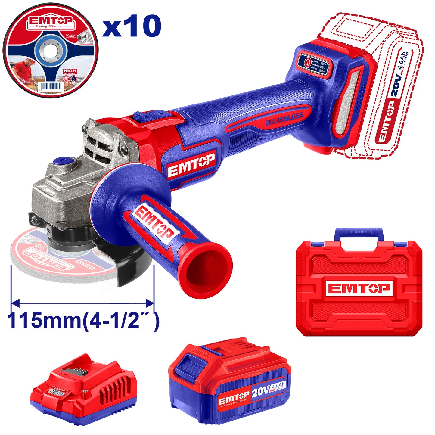 Meuleuse d’angle sans fil EMTOP 20V avec 1 batterie 4,0 Ah et 1 chargeur, régime max. 9000 tr/min, disques Ø 115 mm