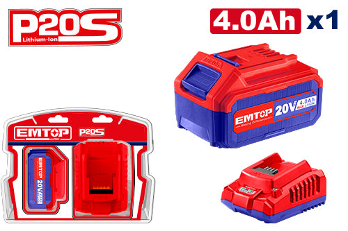 Kit batterie et chargeur intelligent rapide Lithium-Ion 20V 4,0 Ah Compatible avec tous les outils EMTOP P20S