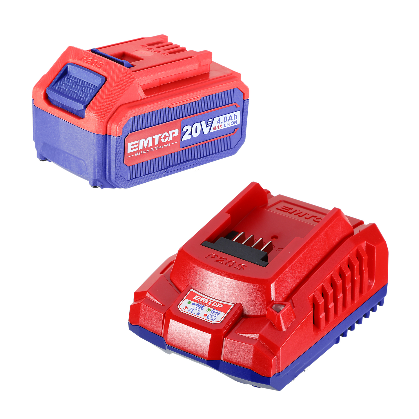 Kit batterie et chargeur intelligent rapide Lithium-Ion 20V 4,0 Ah Compatible avec tous les outils EMTOP P20S
