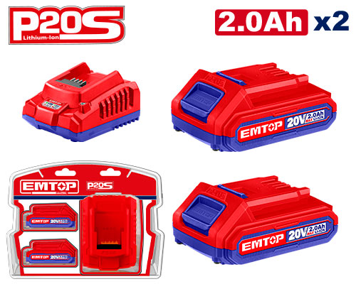 Kit batterie et chargeur intelligent rapide Lithium-Ion 20V 2,0 Ah Compatible avec tous les outils EMTOP P20S