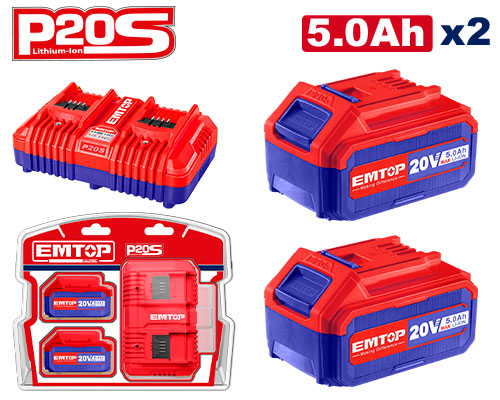 Kit batterie et chargeur intelligent rapide Lithium-Ion 20V 5,0 Ah P20S Compatible avec tous les outils EMTOP P20S les outils EMTOP P20S
