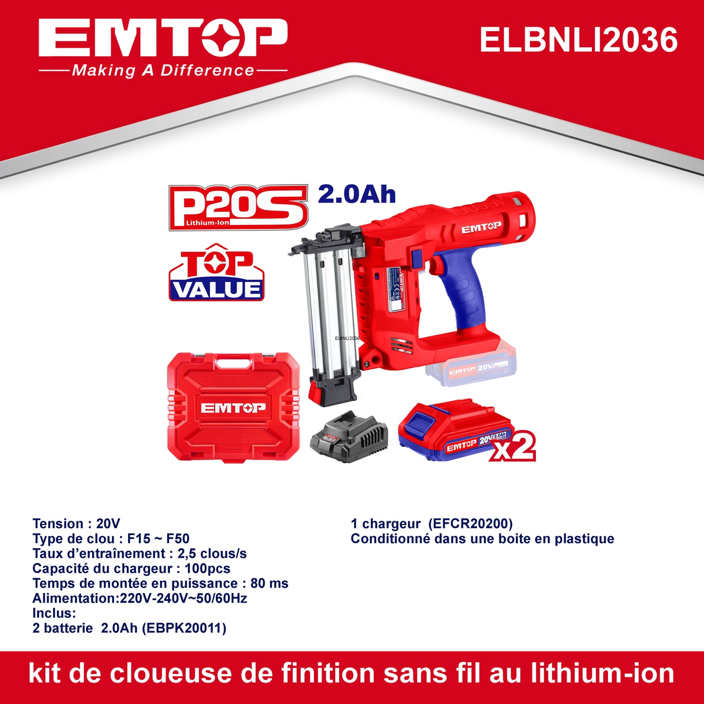 Agrafeuse et cloueuse à batterie Cloueur de finition EMTOP 20V avec 1 chargeur + 2 Batteries Lithium-ion 2.0Ah Boîte en plastique