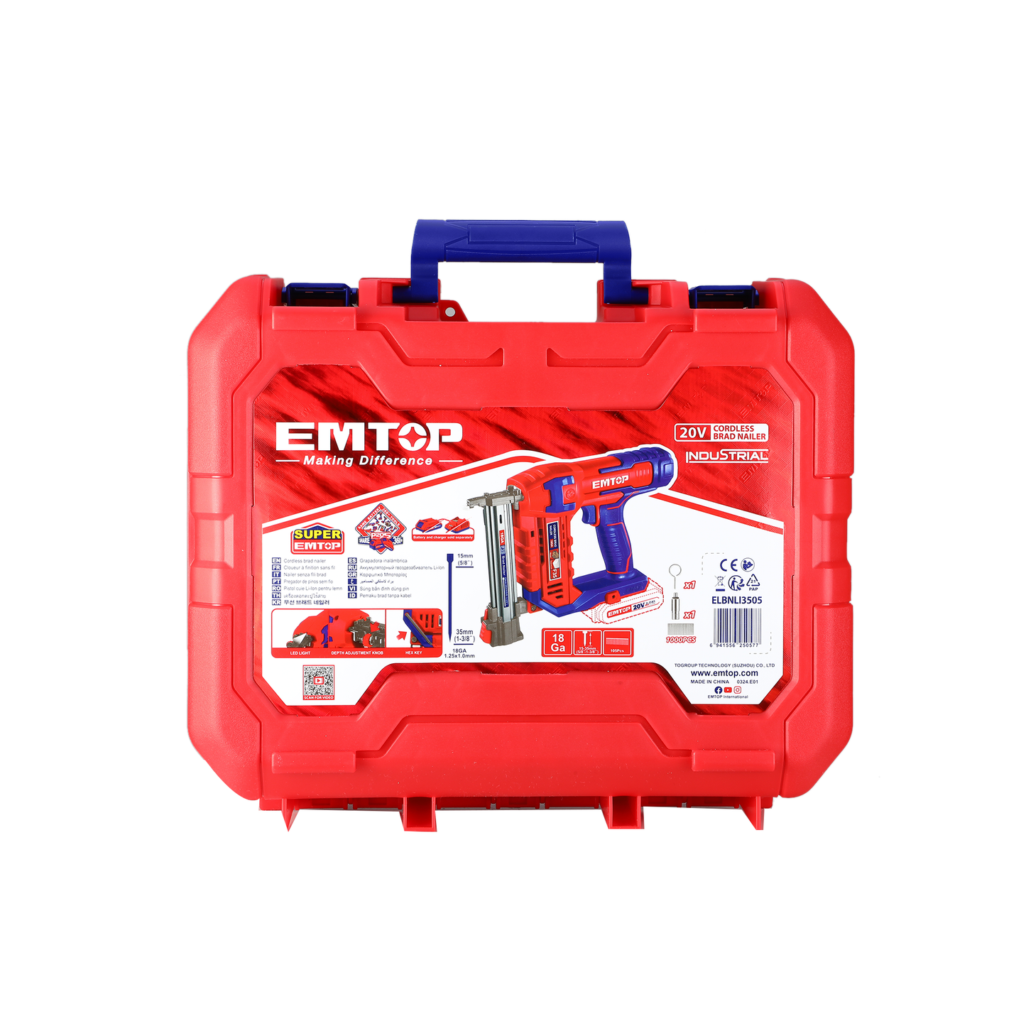 Agrafeuse et cloueur de finition à batterie EMTOP 20V batterie et chargeur vendus séparément avec 1000 clous de finition+1 buse d'air 35mm + 1 broche Boîte en plastique