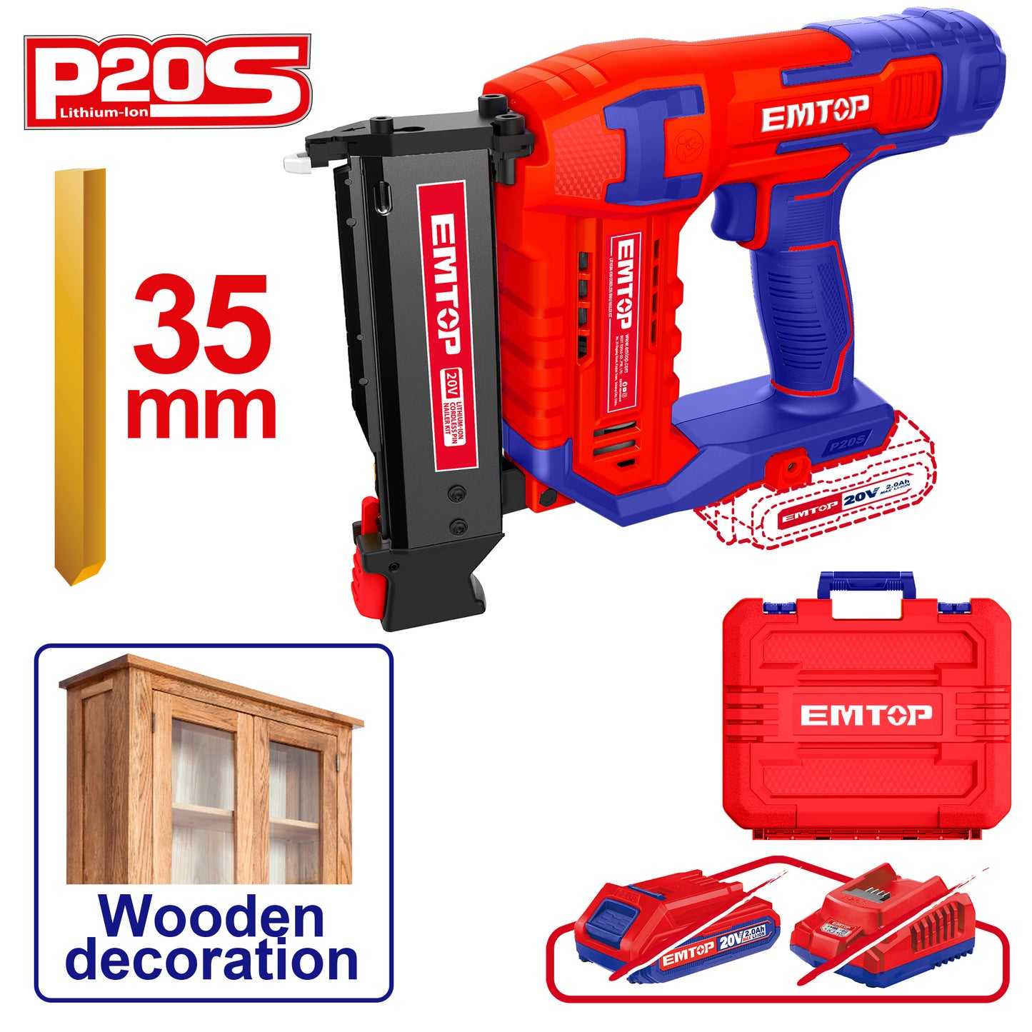 Agrafeuse et cloueur de finition à batterie EMTOP 20V Batterie et chargeur vendus séparément pour le bois avec 3600 clous à broche 25mm, 1 buse d'air, 1 broche