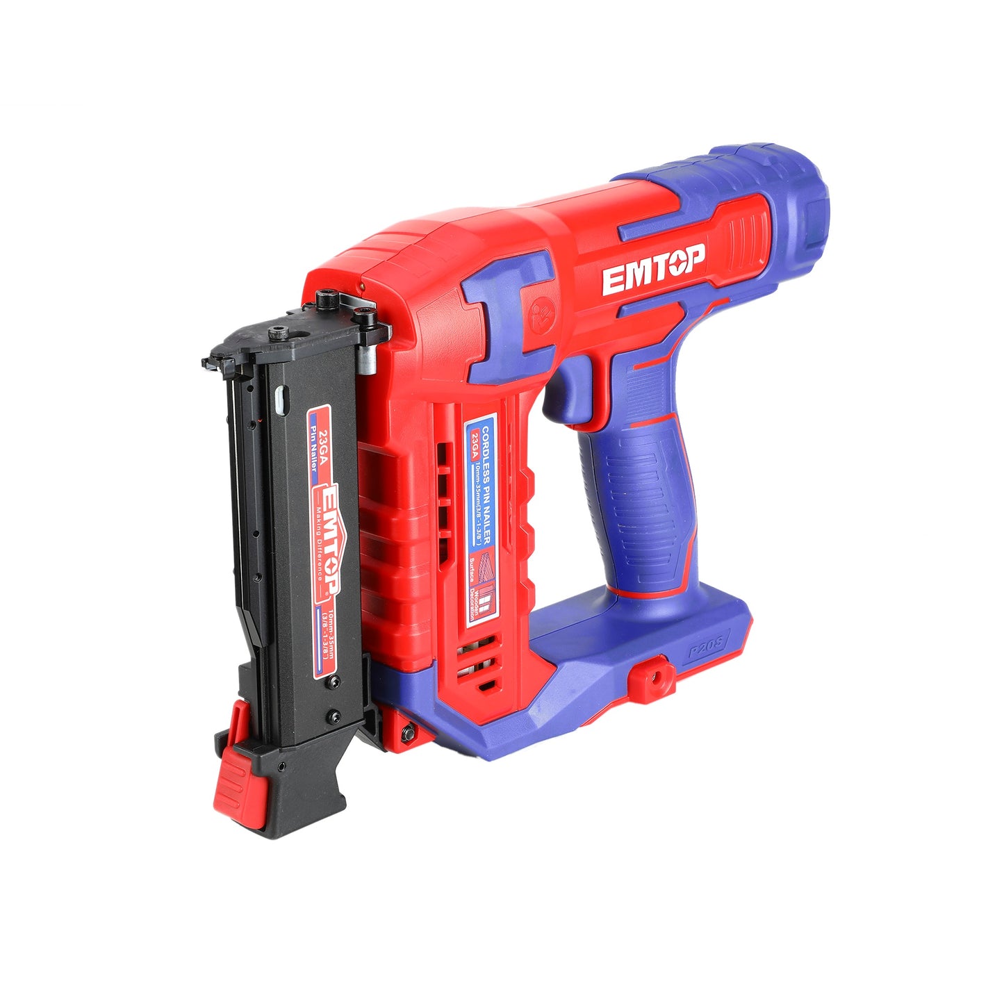 Agrafeuse et cloueur de finition à batterie EMTOP 20V avec 1 chargeur + 1 Batteries Lithium-ion 2.0Ah + 3600 clous à broche 25cm+1 buse d'air 35mm + 1 broche Boîte en plastique