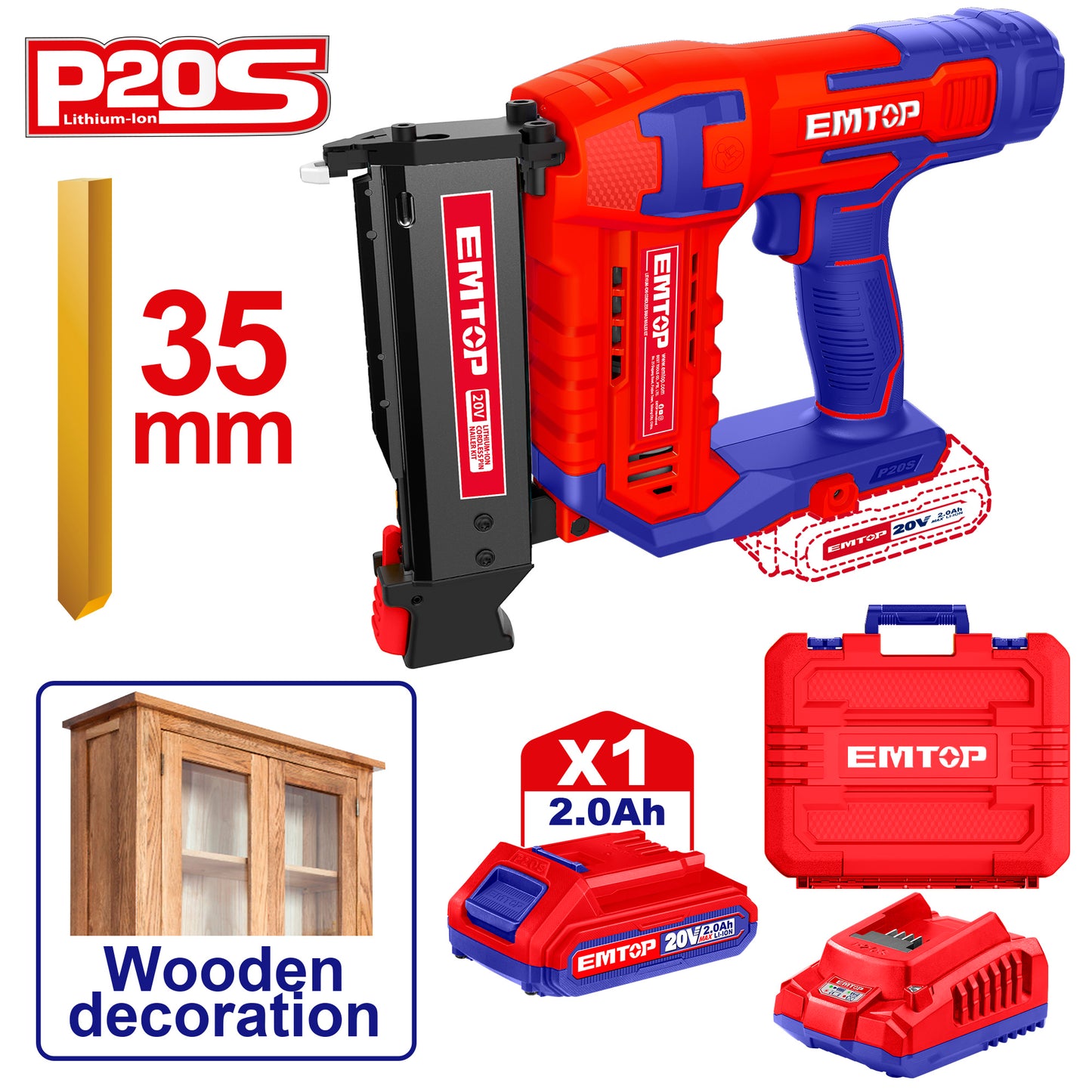 Agrafeuse et cloueur de finition à batterie EMTOP 20V avec 1 chargeur + 1 Batteries Lithium-ion 2.0Ah + 3600 clous à broche 25cm+1 buse d'air 35mm + 1 broche Boîte en plastique